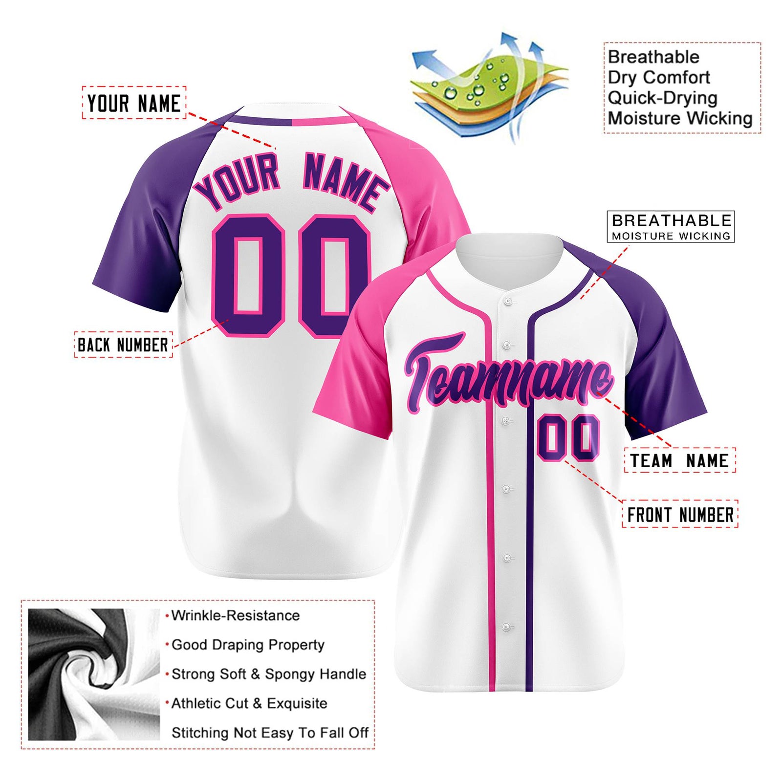 Custom White Pink Purple Authentic Baseball Jersey