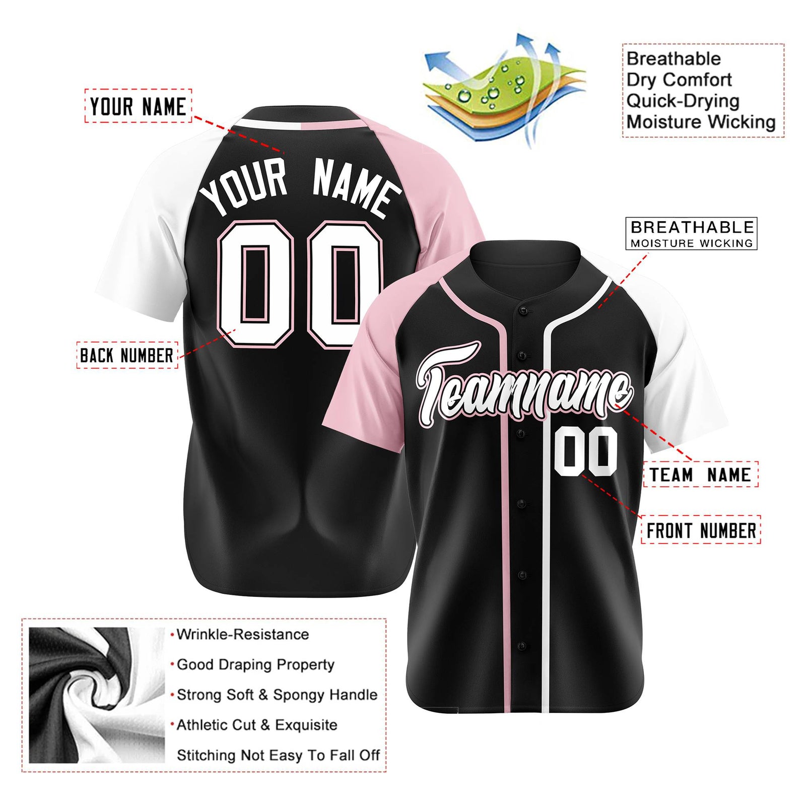 Custom Black Pink White Authentic Baseball Jersey
