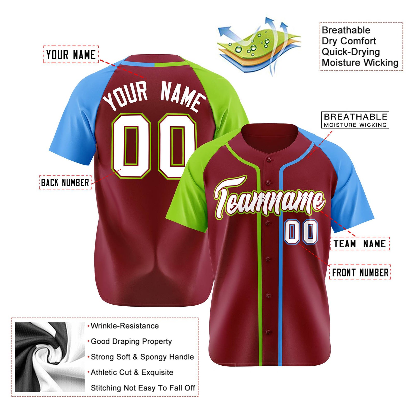 Custom Burgundy Neon Green Sky Blue Authentic Baseball Jersey