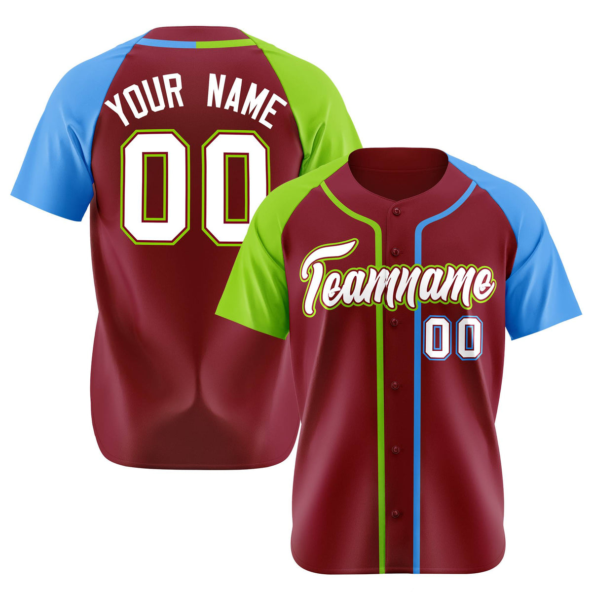 Custom Burgundy Neon Green Sky Blue Authentic Baseball Jersey