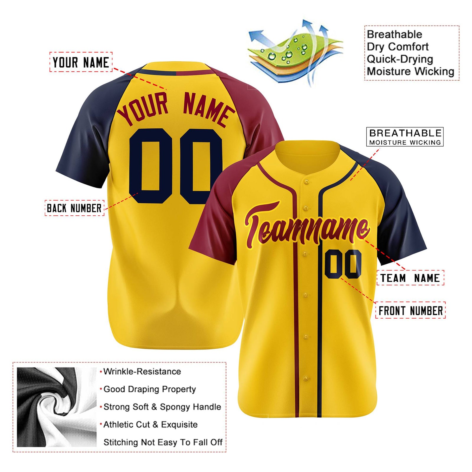 Custom Yellow Burgundy Navy Authentic Baseball Jersey