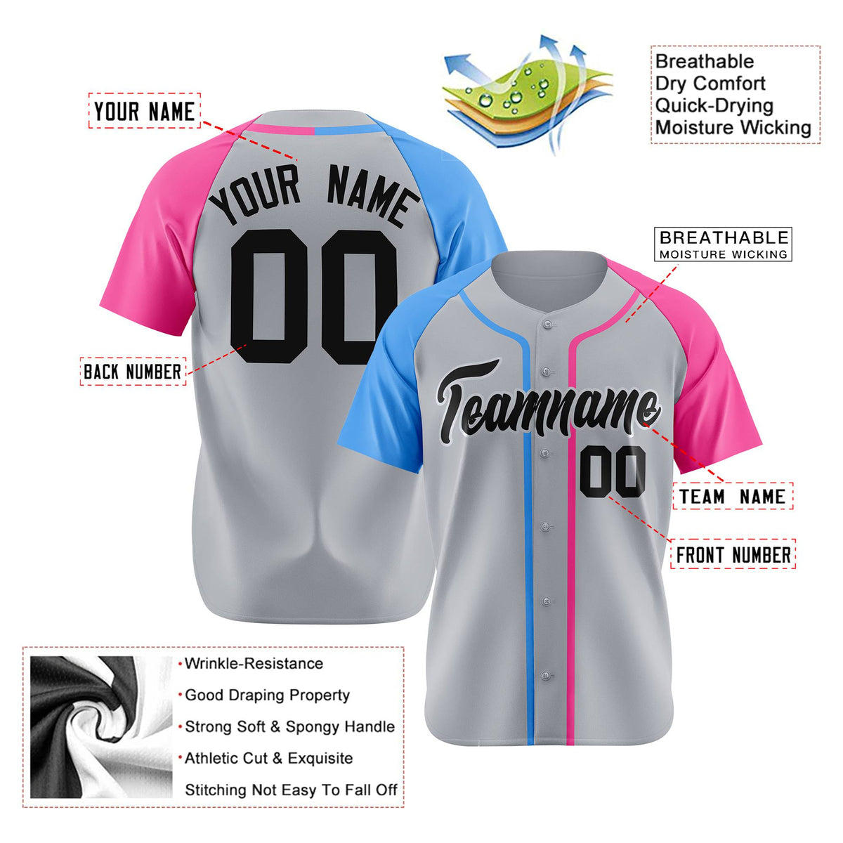Custom Gray Light Blue Pink Authentic Baseball Jersey