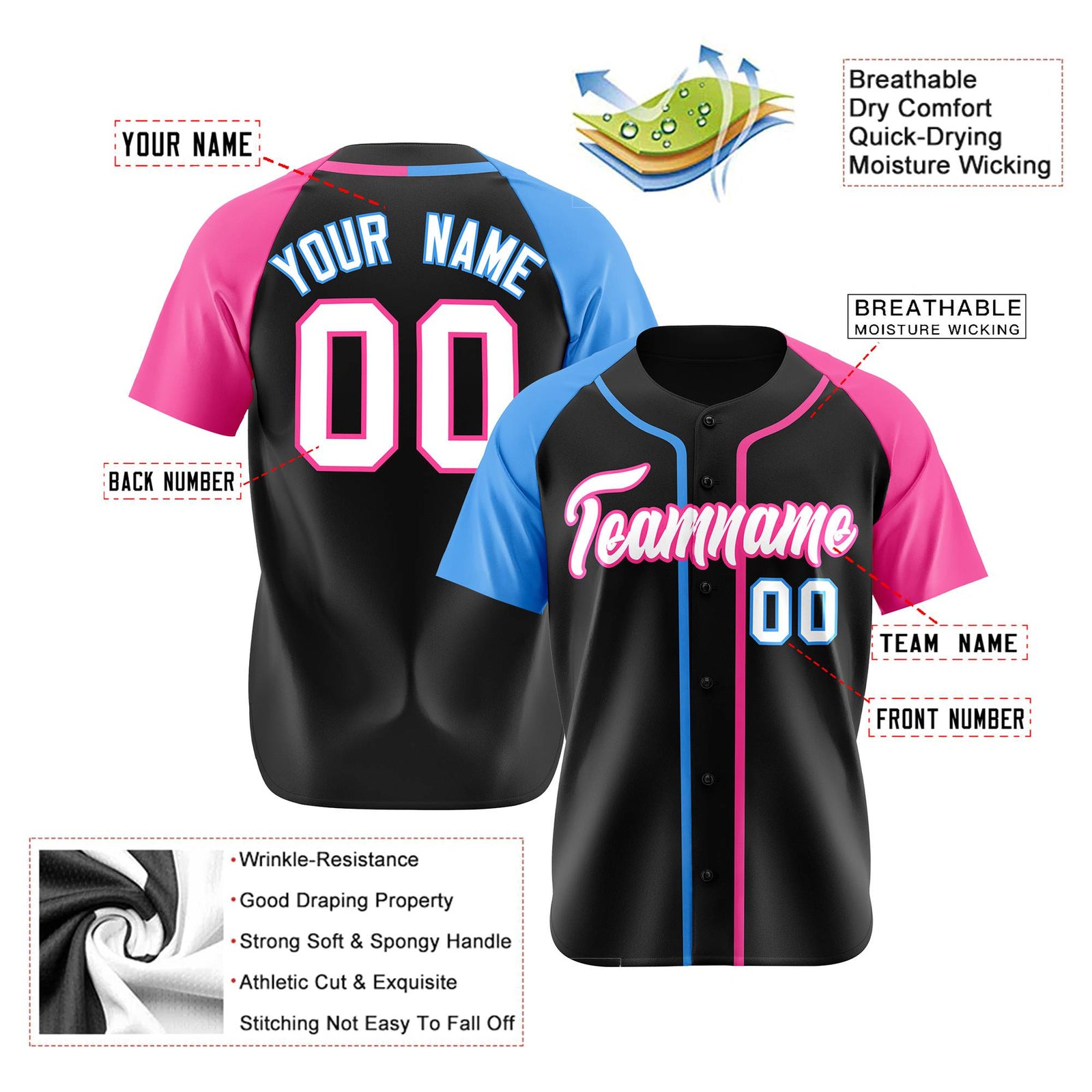 Custom Black Light Blue Pink Authentic Baseball Jersey