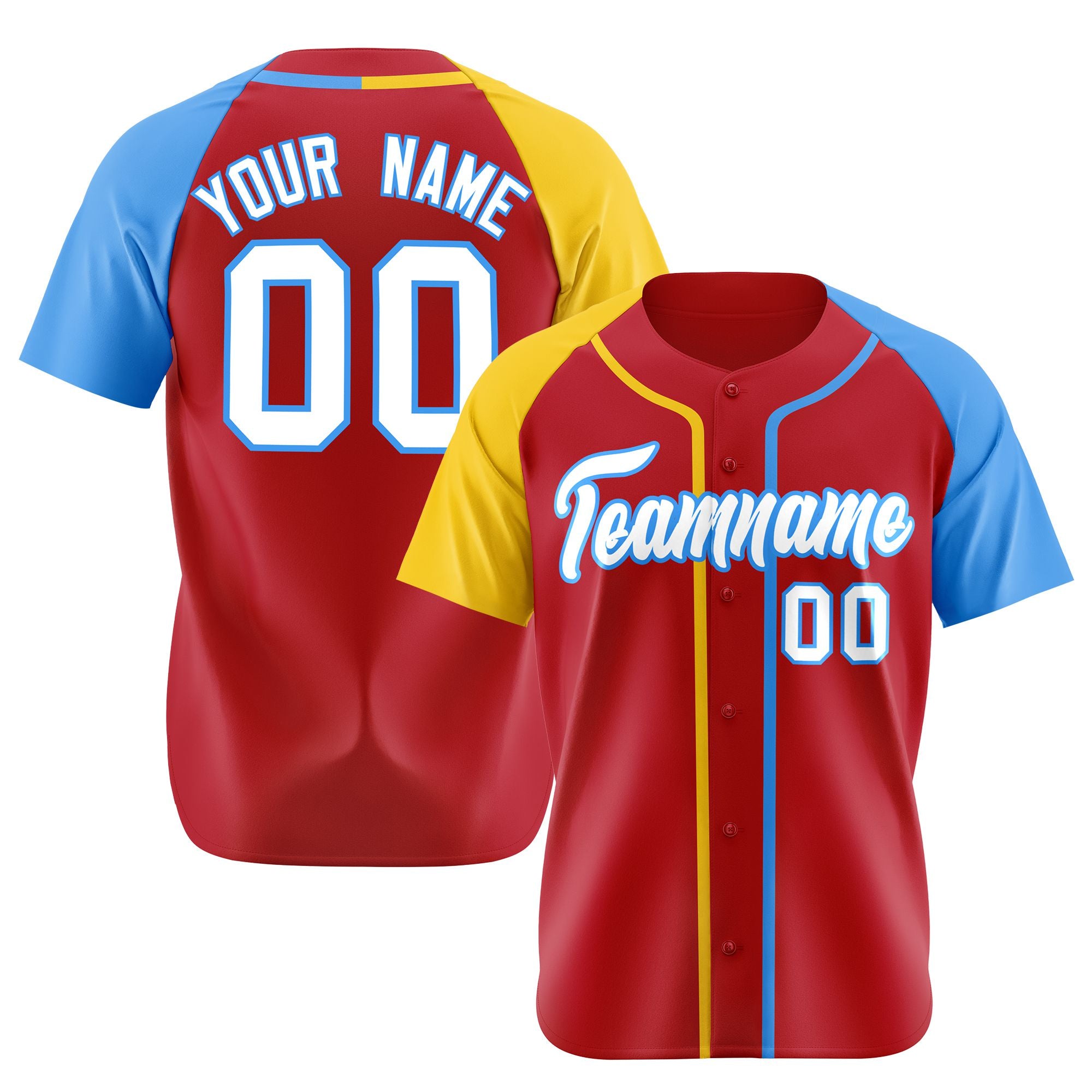 Custom Red Yellow Light Blue Authentic Baseball Jersey