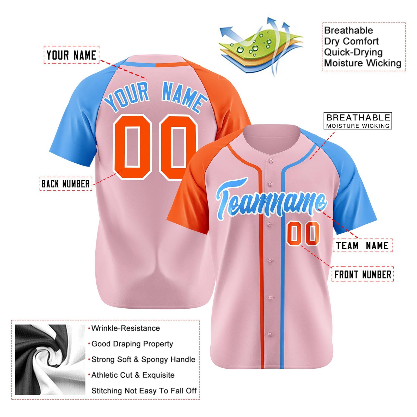 Custom Pink Orange Light Blue Authenti Baseball Jersey