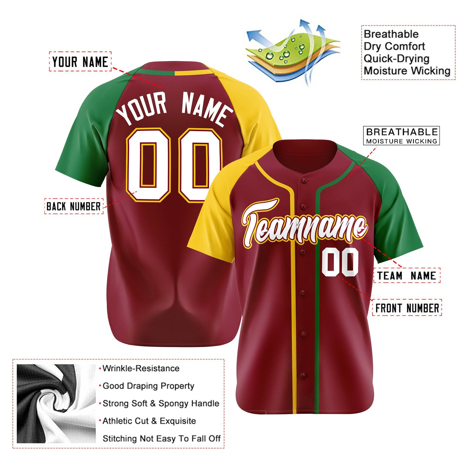 Custom Burgundy Yellow Green Authentic Baseball Jersey
