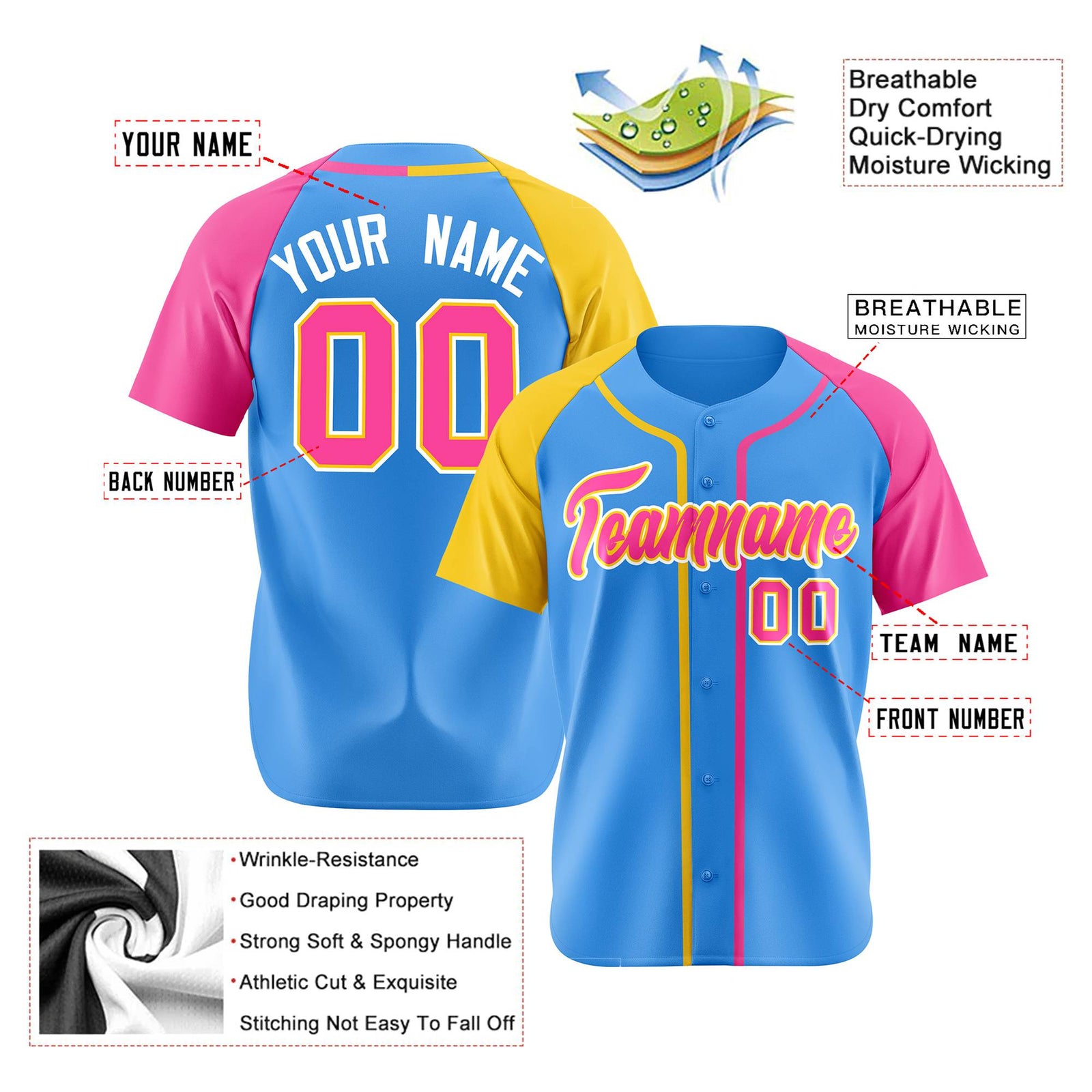 Custom Sky Blue Yellow Pink Authentic Baseball Jersey