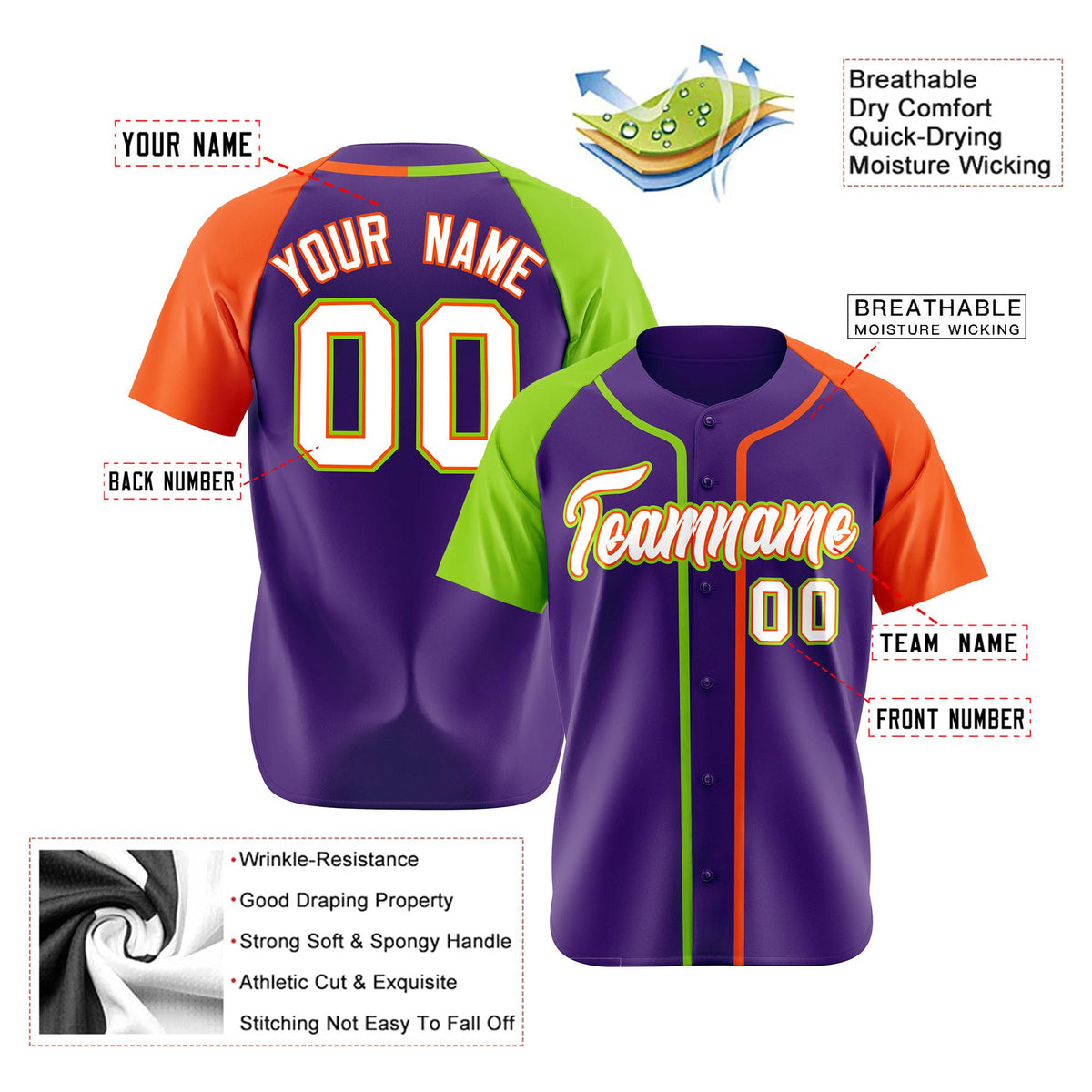Custom Purple Neon Green Orange Authentic Baseball Jersey