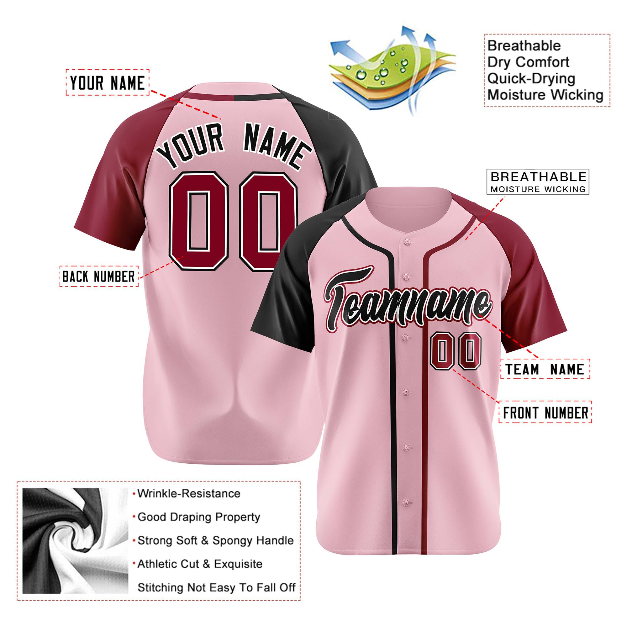 Custom Pink Black Burgundy Authentic Baseball Jersey