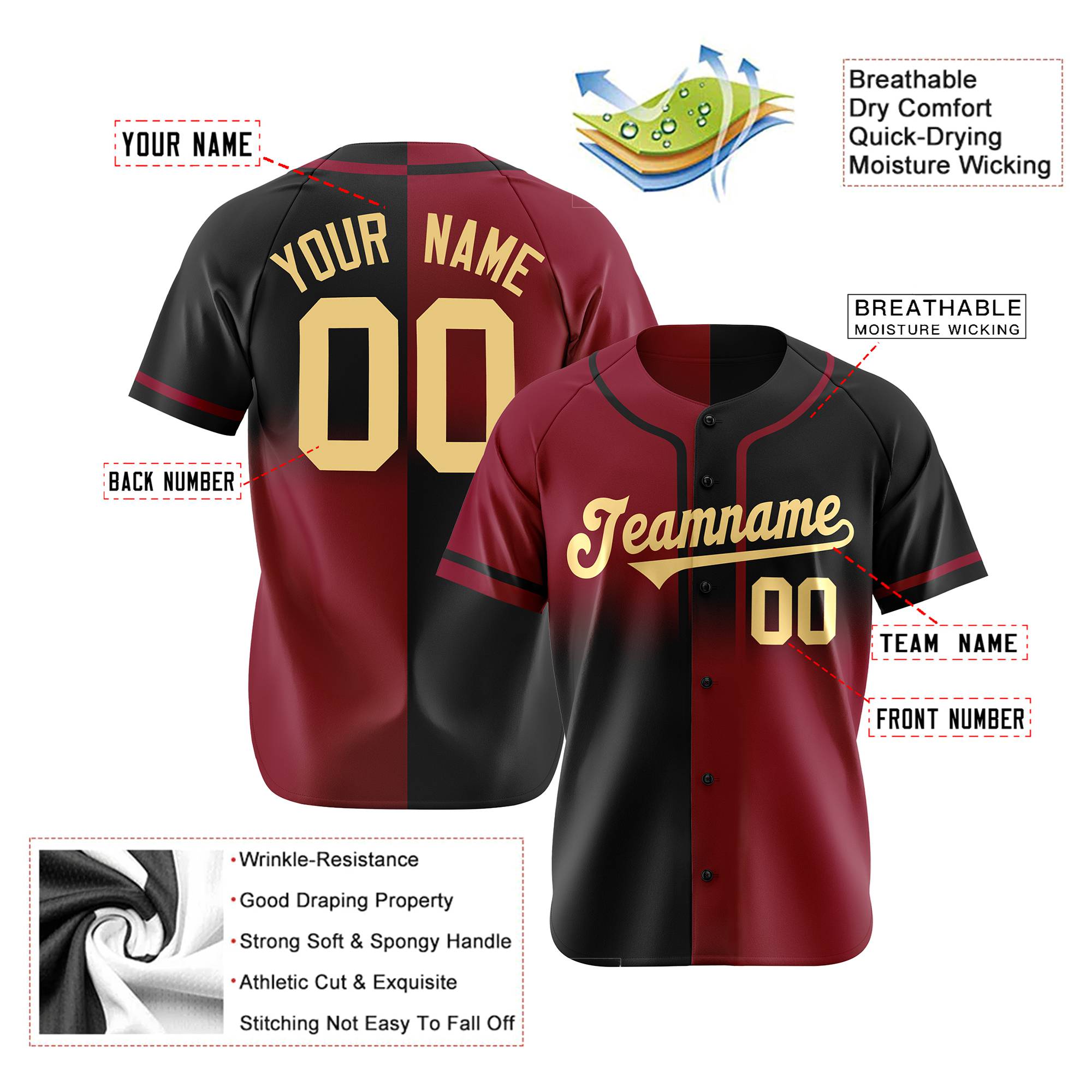 Custom Crimson-Black Authentic Split Fashion Baseball Jersey