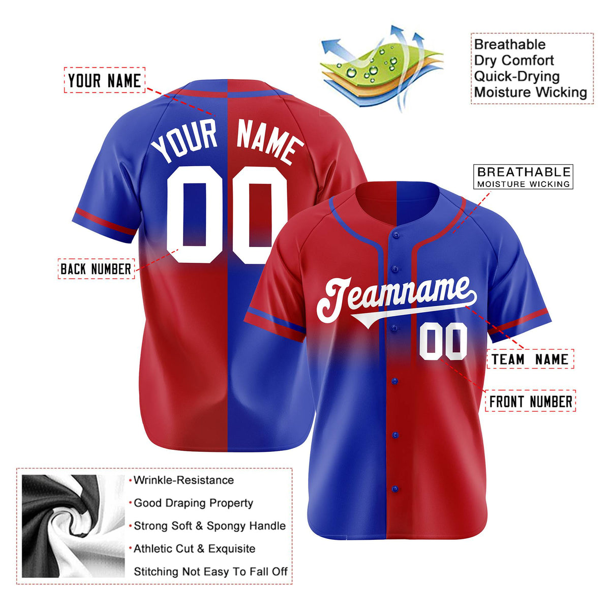 Custom Red-Blue White Authentic Split Fashion Baseball Jersey