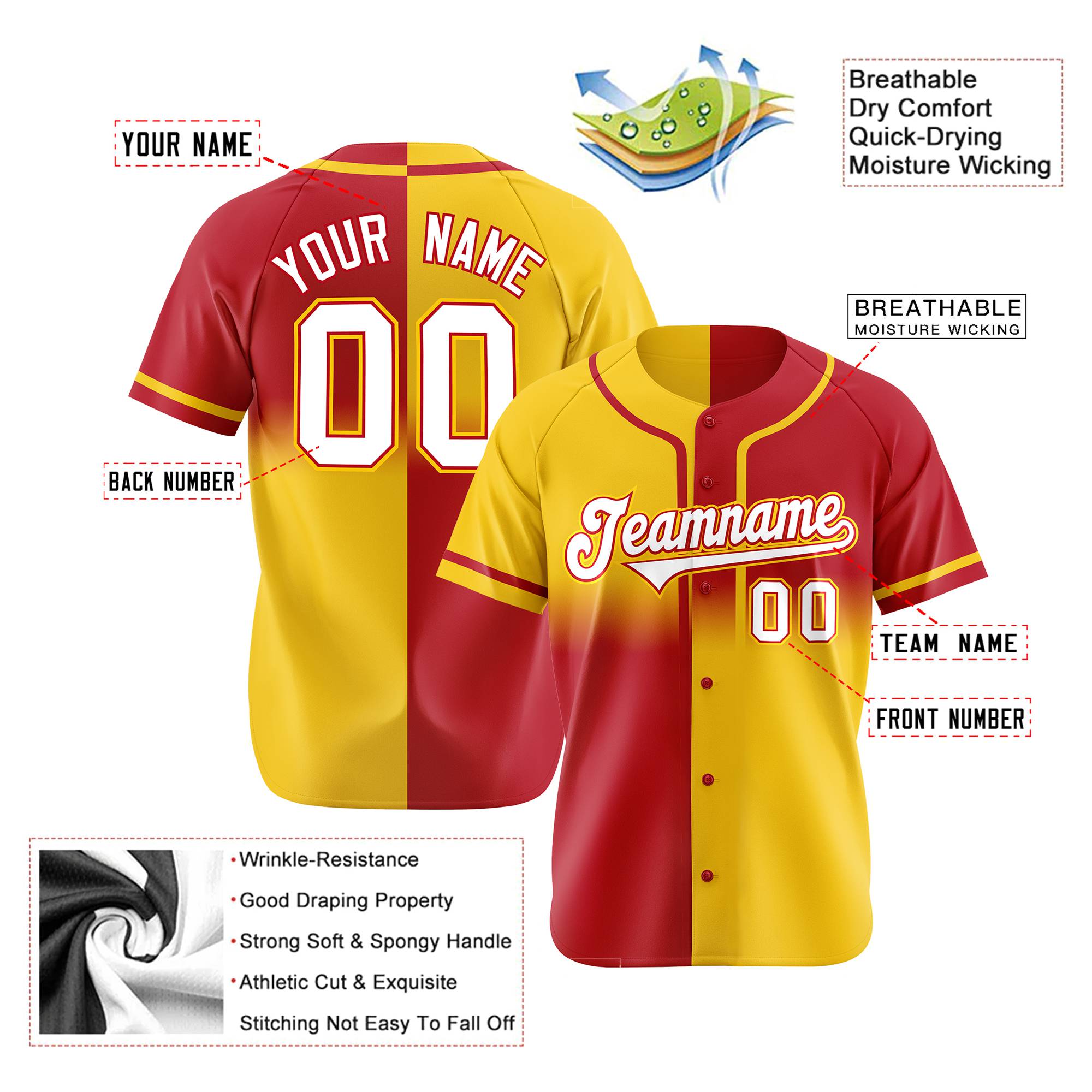 Custom Gold-Red White Authentic Split Fashion Baseball Jersey