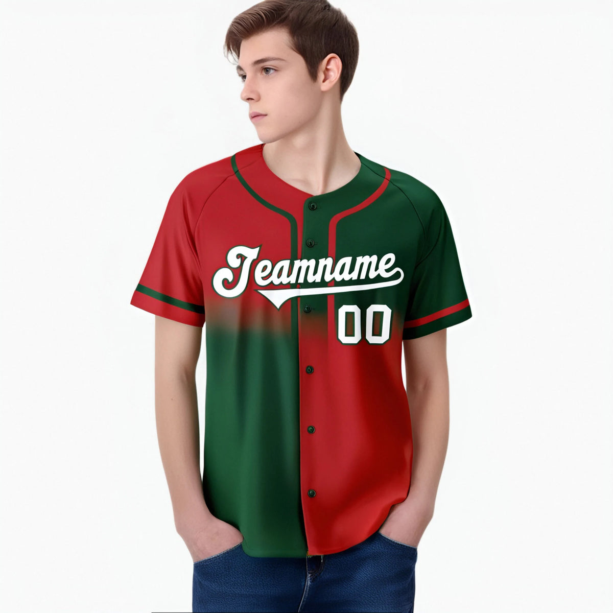 Custom Red Green White Authentic Split Fashion Baseball Jersey