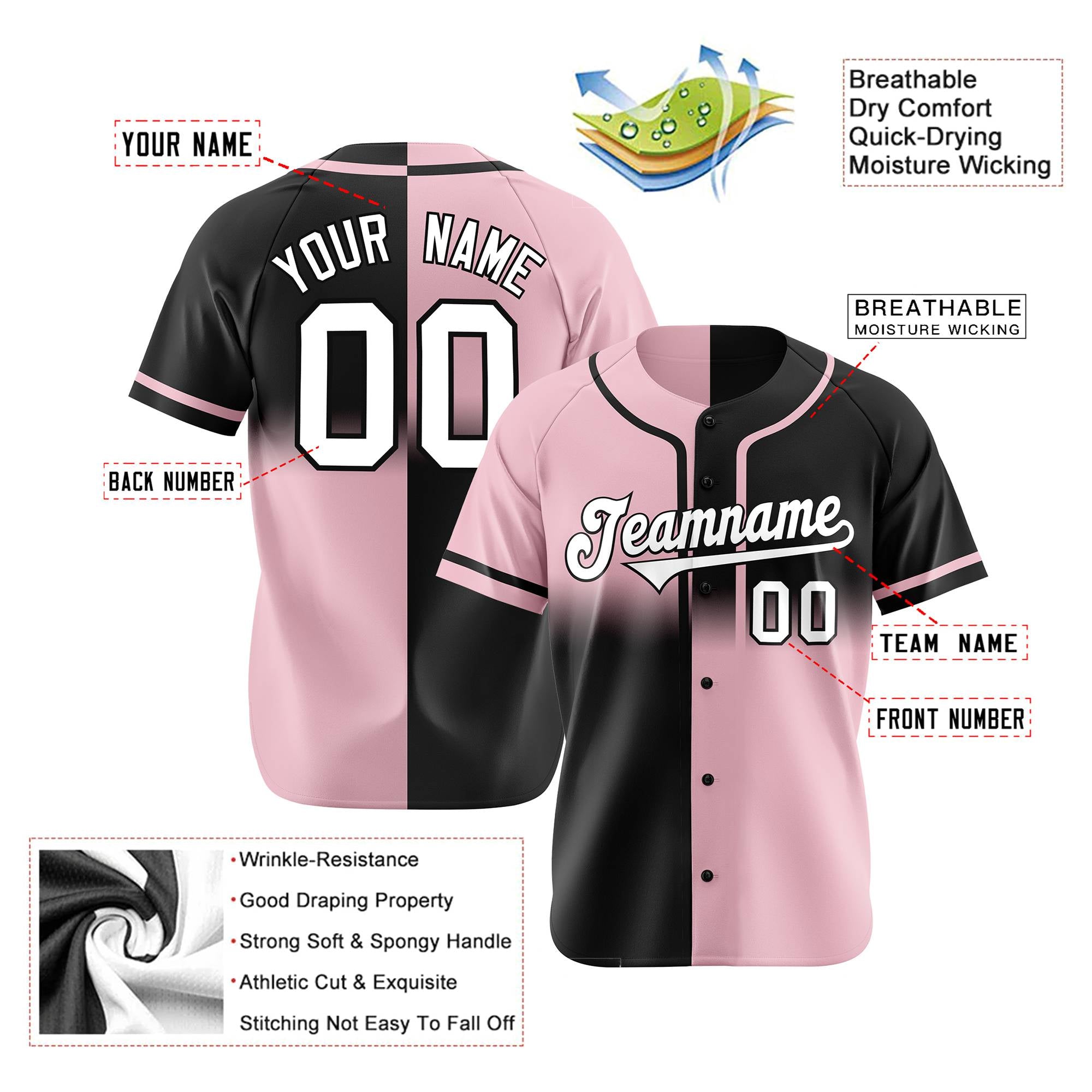 Custom Pink-Black White Authentic Split Fashion Baseball Jersey