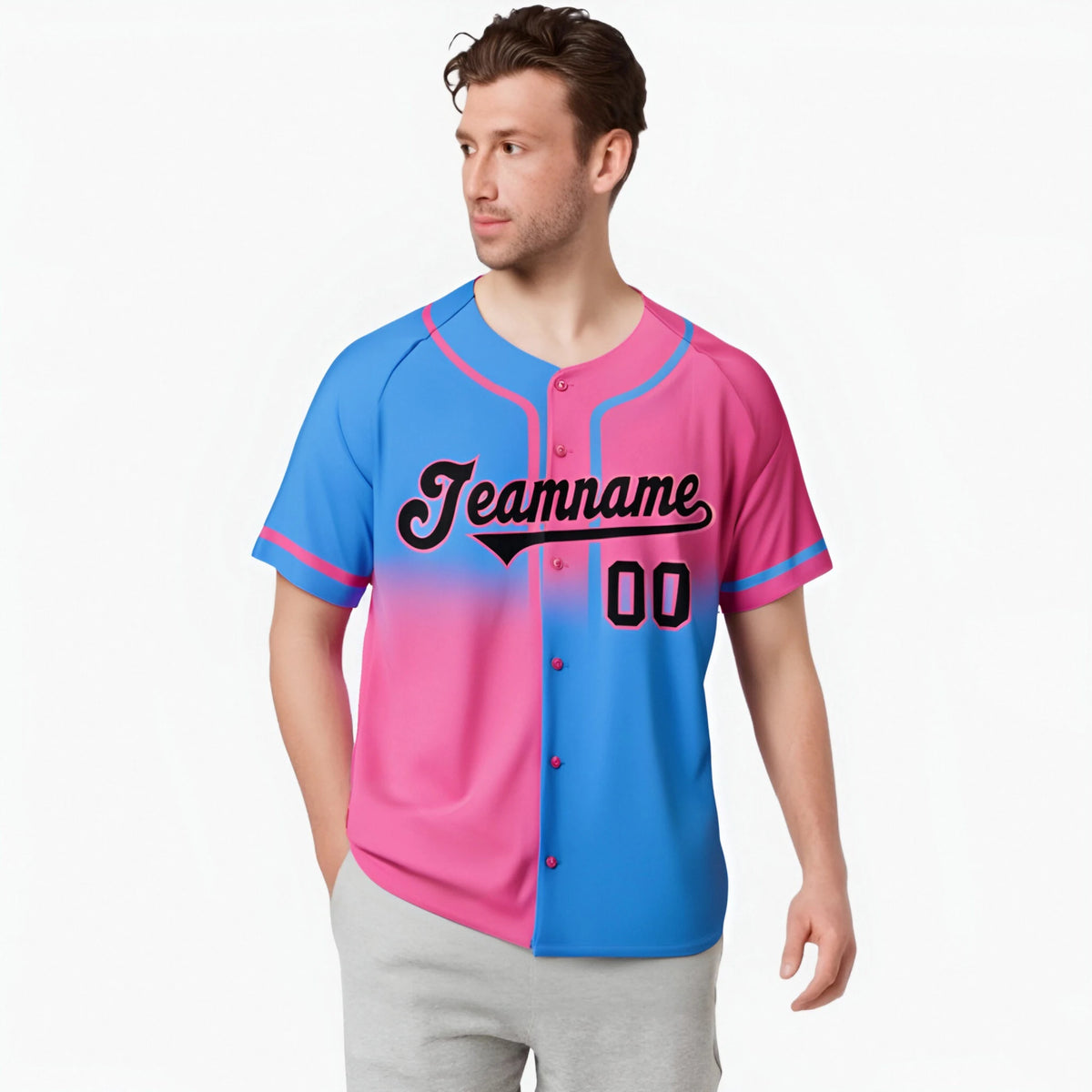 Custom Pink-Blue Black Authentic Split Fashion Baseball Jersey