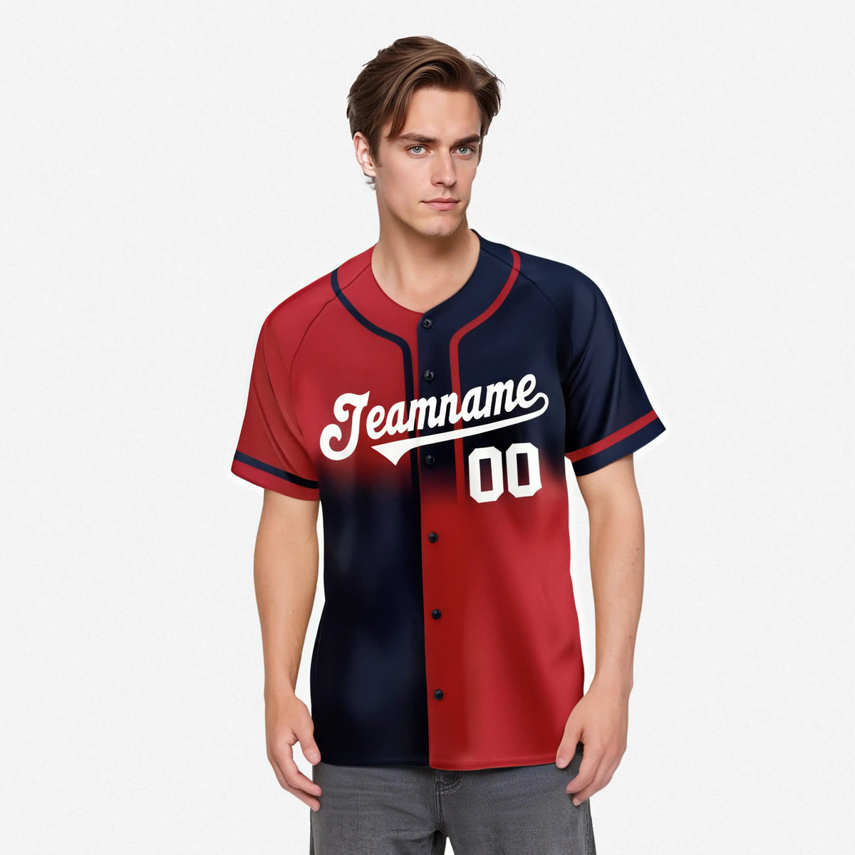 Custom Red-Navy White Authentic Split Fashion Baseball Jersey