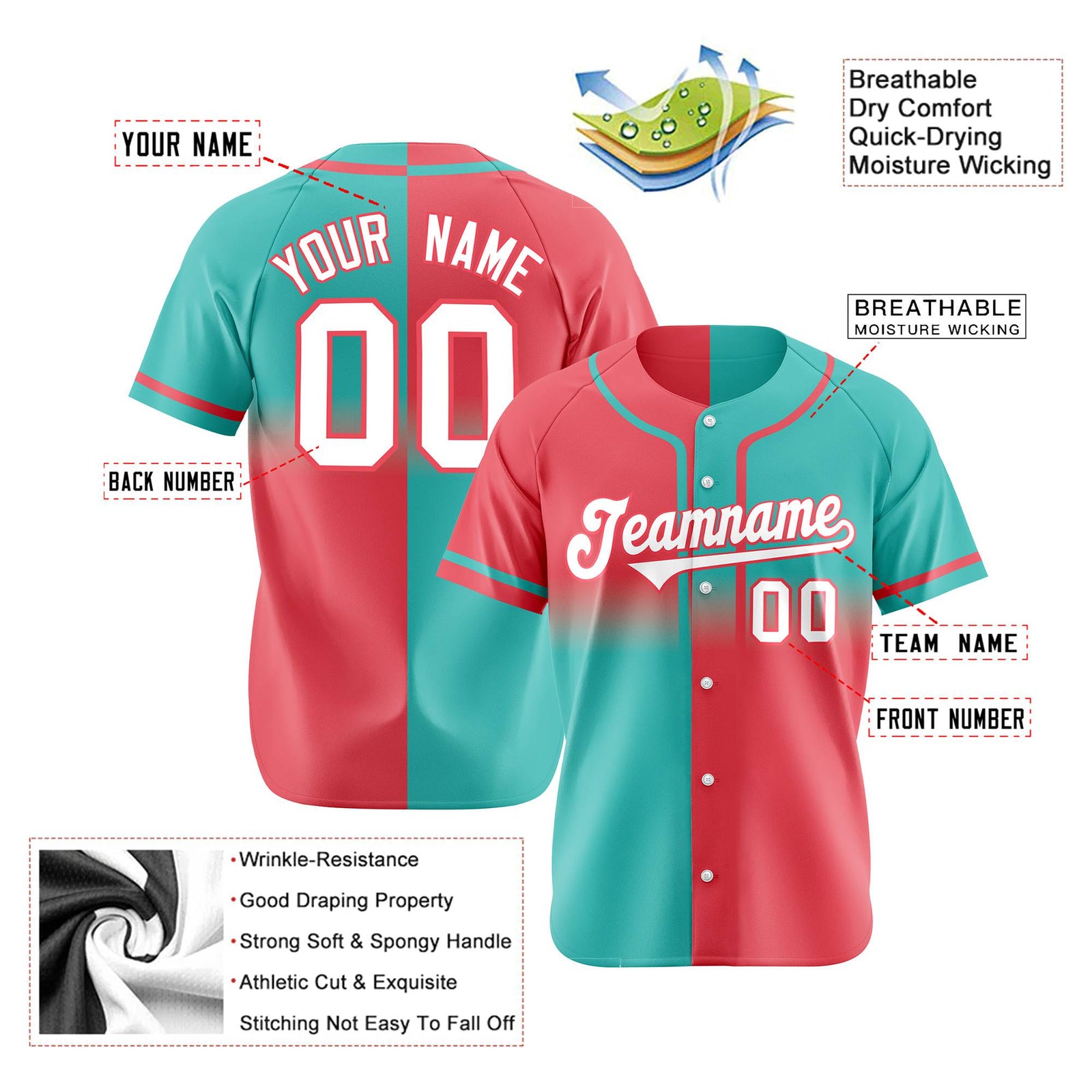 Custom Bright Green-Light Red White Authentic Split Fashion Baseball Jersey