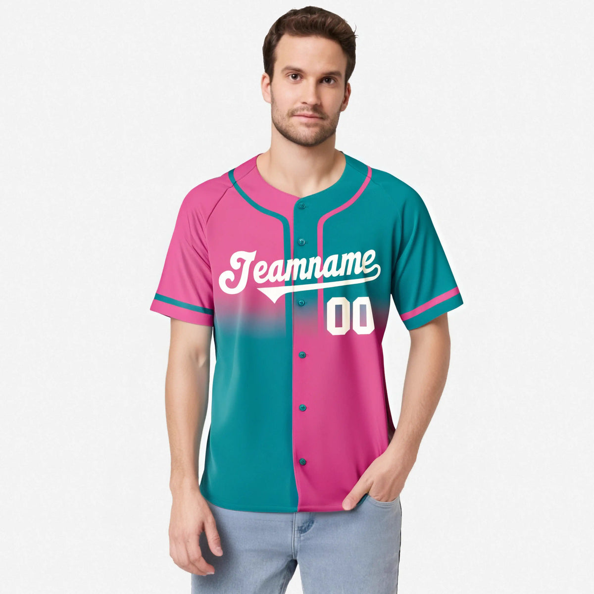 Custom Pink-Aqua Authentic Split Fashion Baseball Jersey