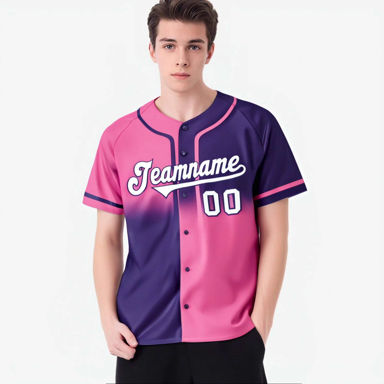 Custom Pink-Purple White Authentic Split Fashion Baseball Jersey