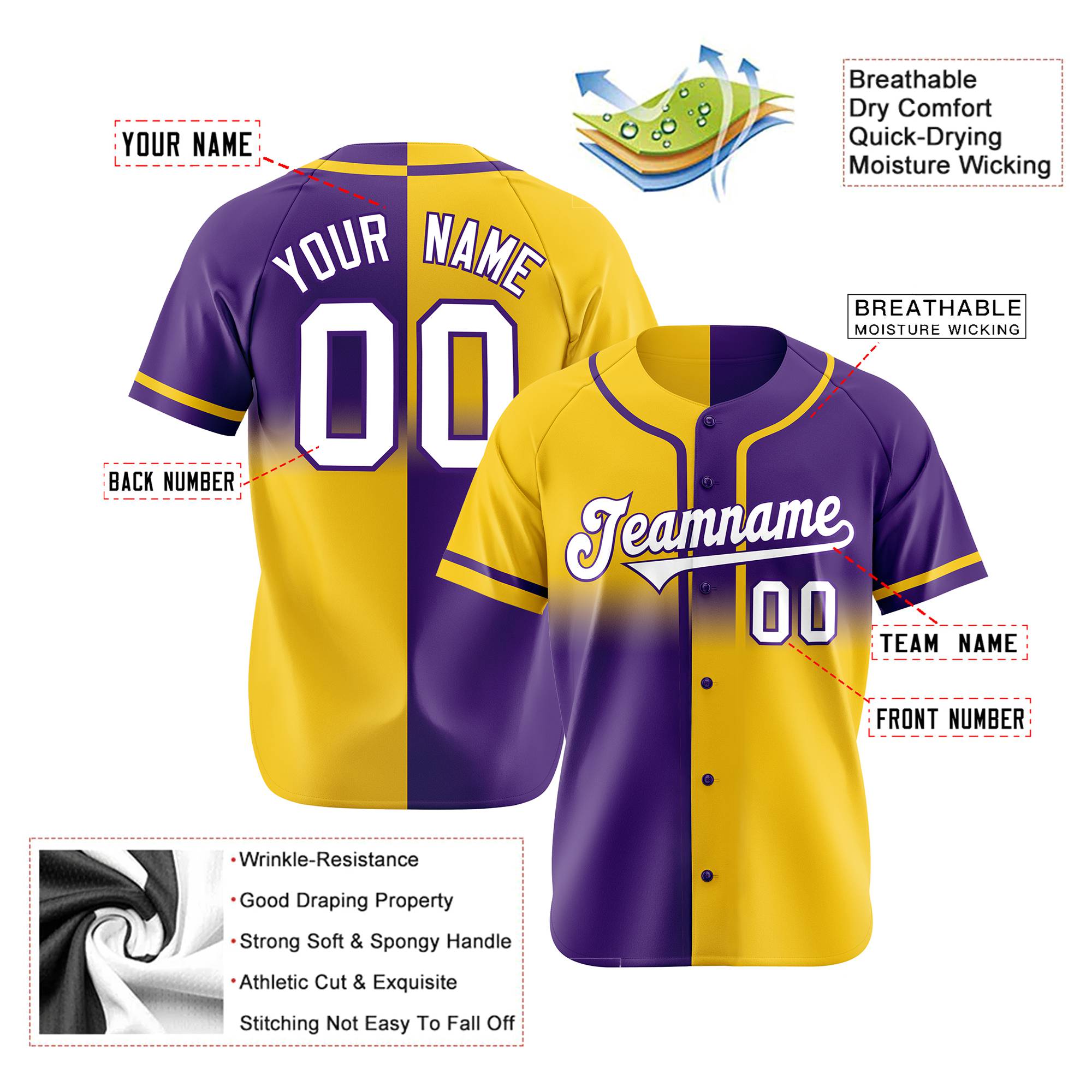 Custom Gold-Purple White Authentic Split Fashion Baseball Jersey