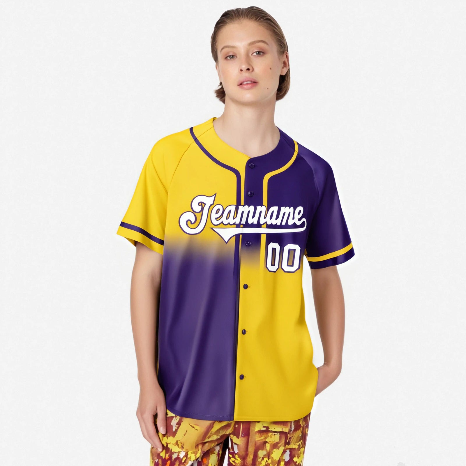 Custom Gold-Purple White Authentic Split Fashion Baseball Jersey