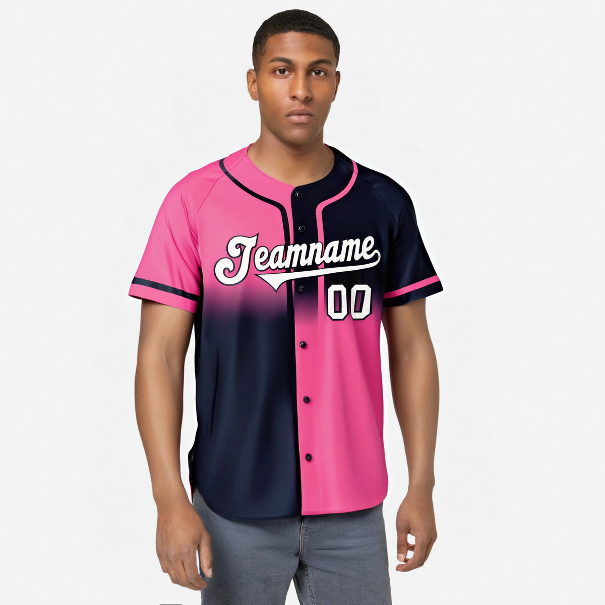 Custom Pink-Navy White Authentic Split Fashion Baseball Jersey