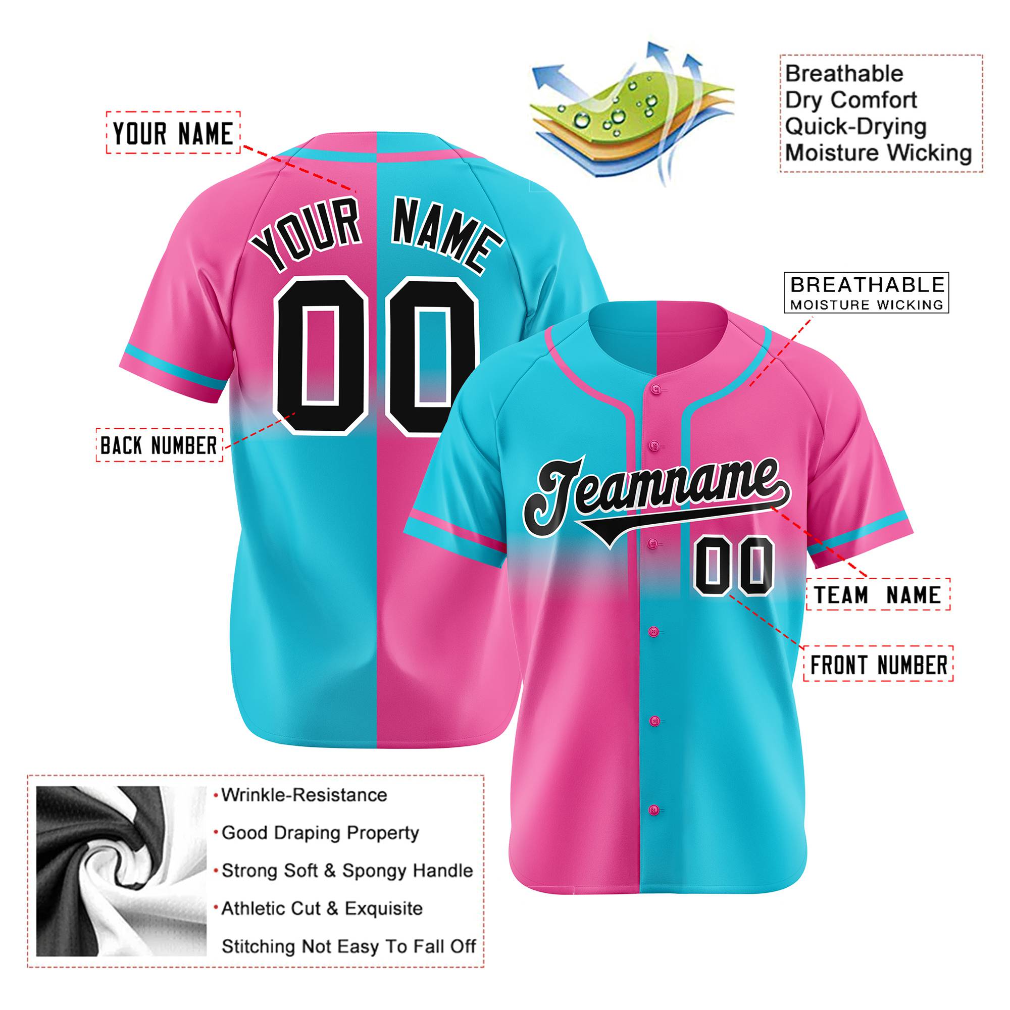 Custom Pink-Blue Black Authentic Split Fashion Baseball Jersey