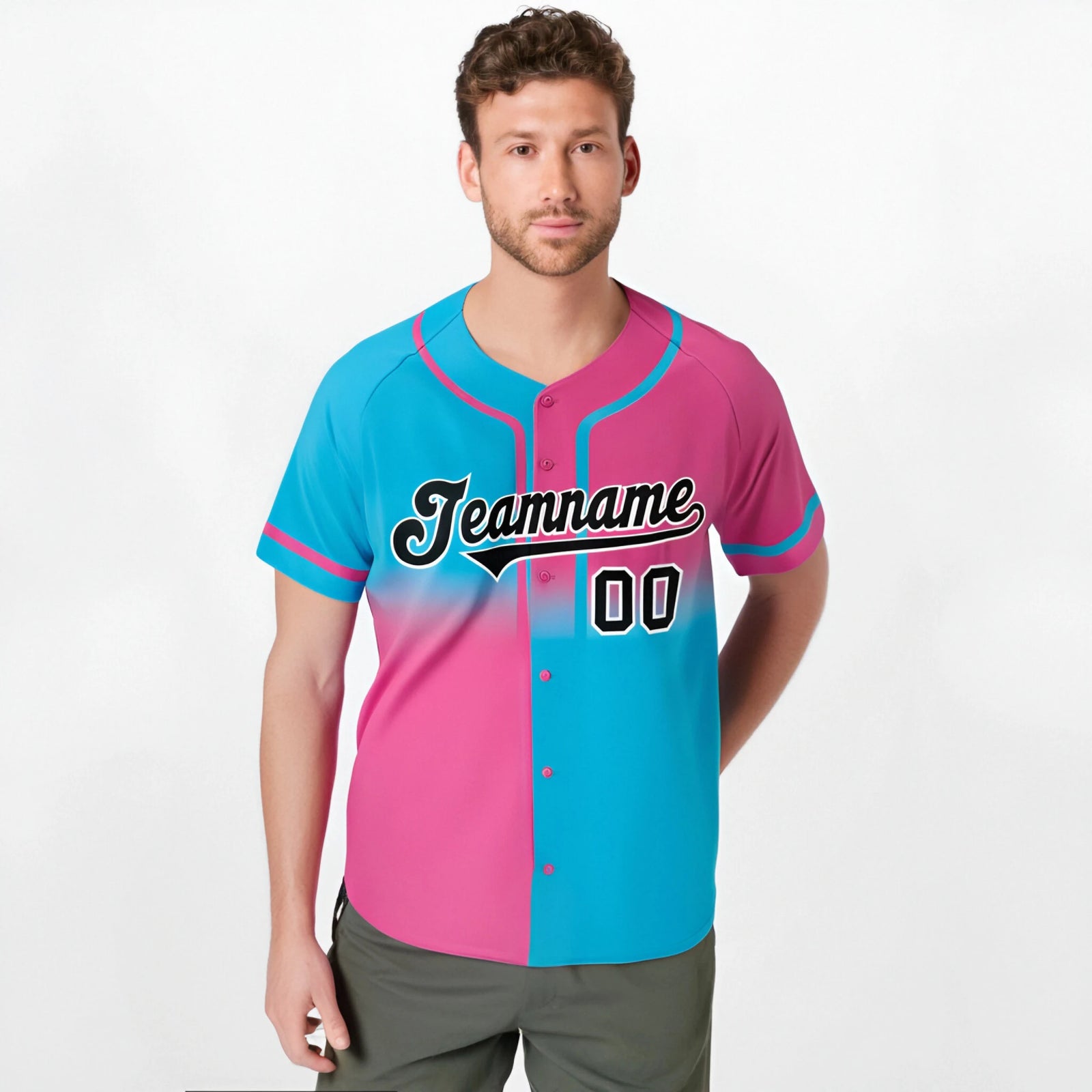 Custom Pink-Blue Black Authentic Split Fashion Baseball Jersey