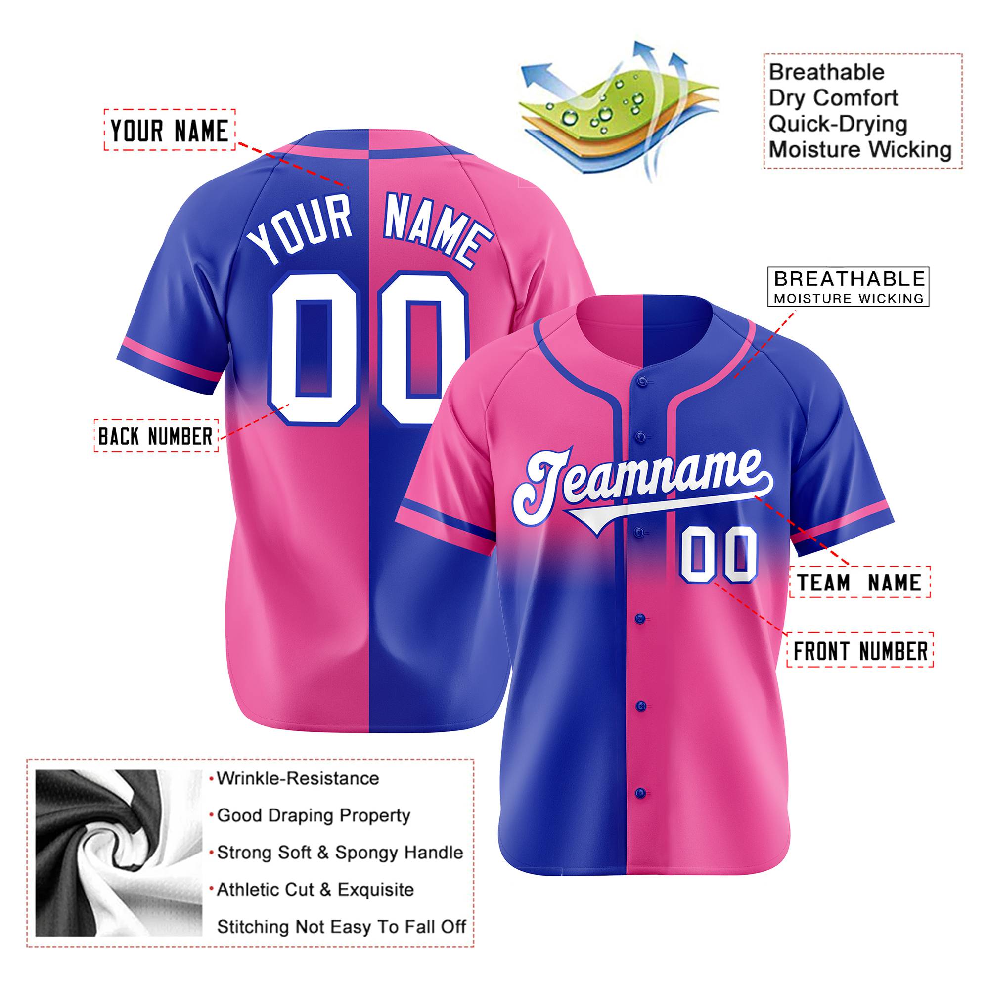 Custom Pink-Royal Blue White Authentic Split Fashion Baseball Jersey