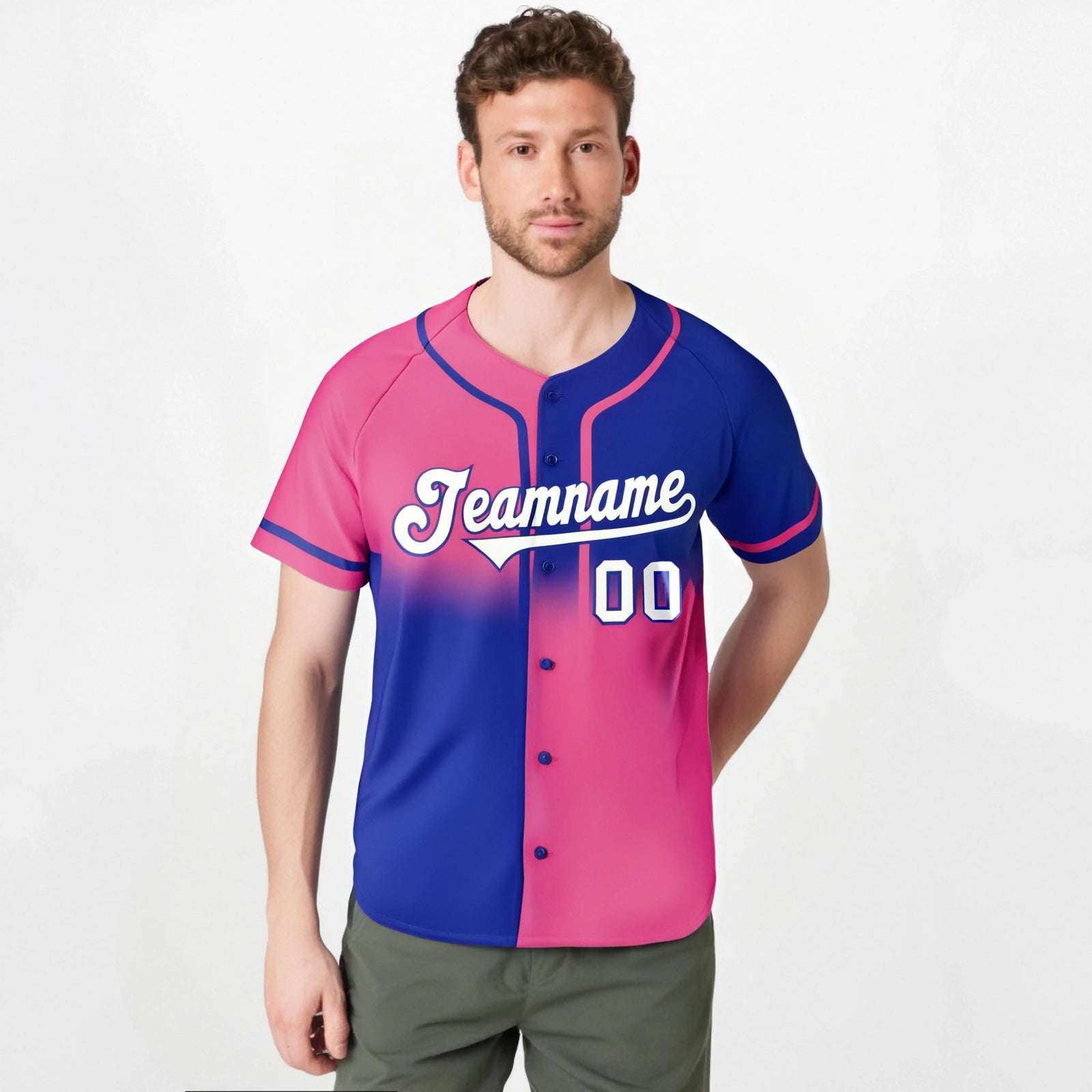 Custom Pink-Royal Blue White Authentic Split Fashion Baseball Jersey