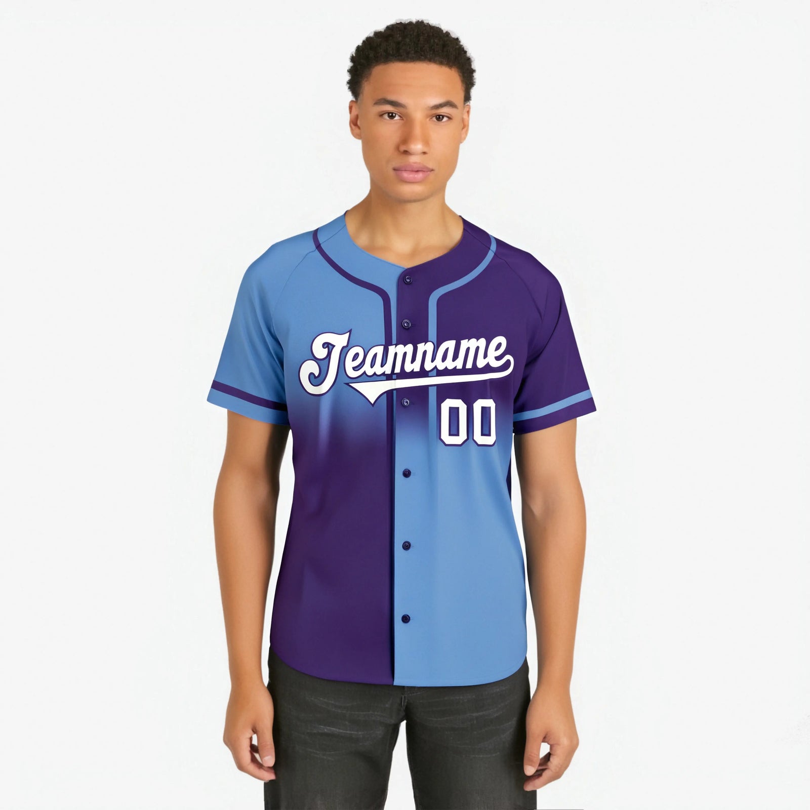 Custom Light Blue Purple White Authentic Split Fashion Baseball Jersey