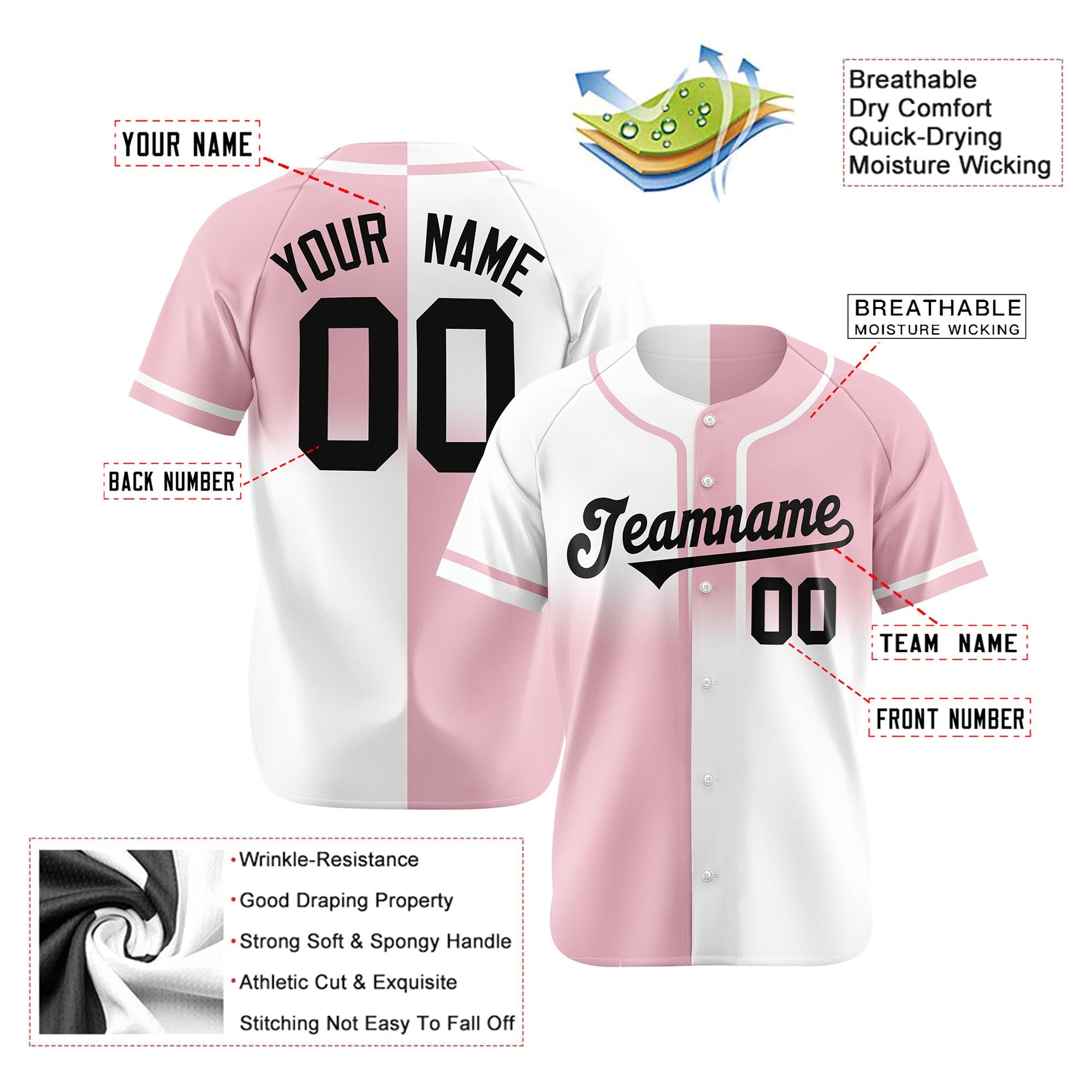 Custom Pink-White Black Authentic Split Fashion Baseball Jersey