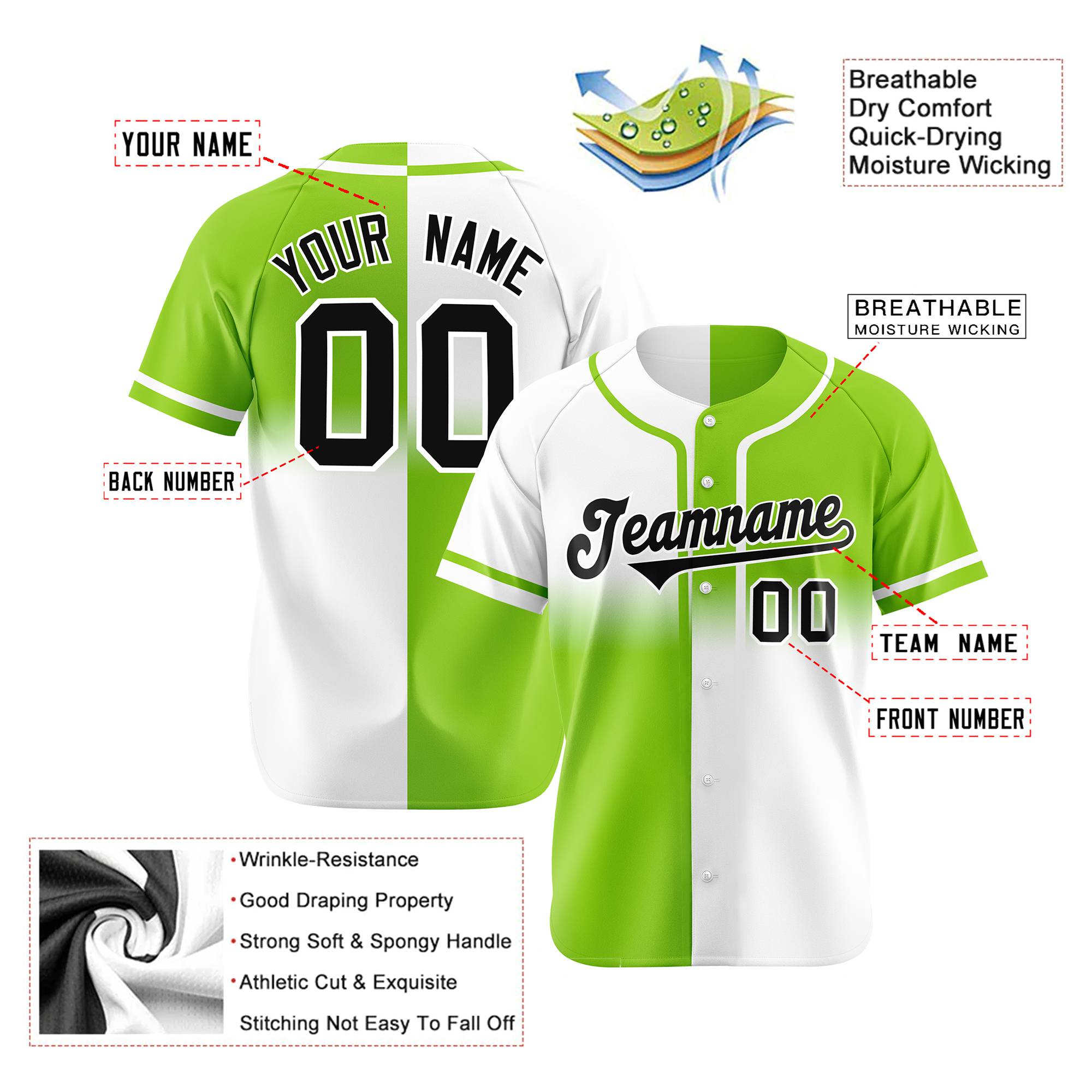 Custom Green-White Black Authentic Split Fashion Baseball Jersey