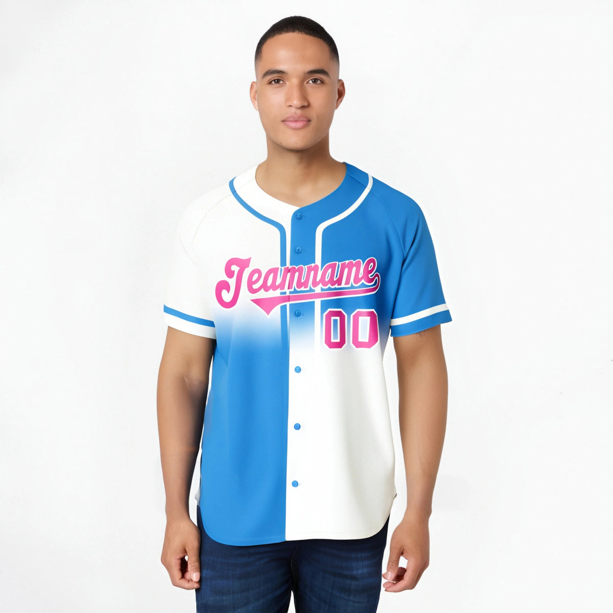 Custom Blue-White Pink Authentic Split Fashion Baseball Jersey