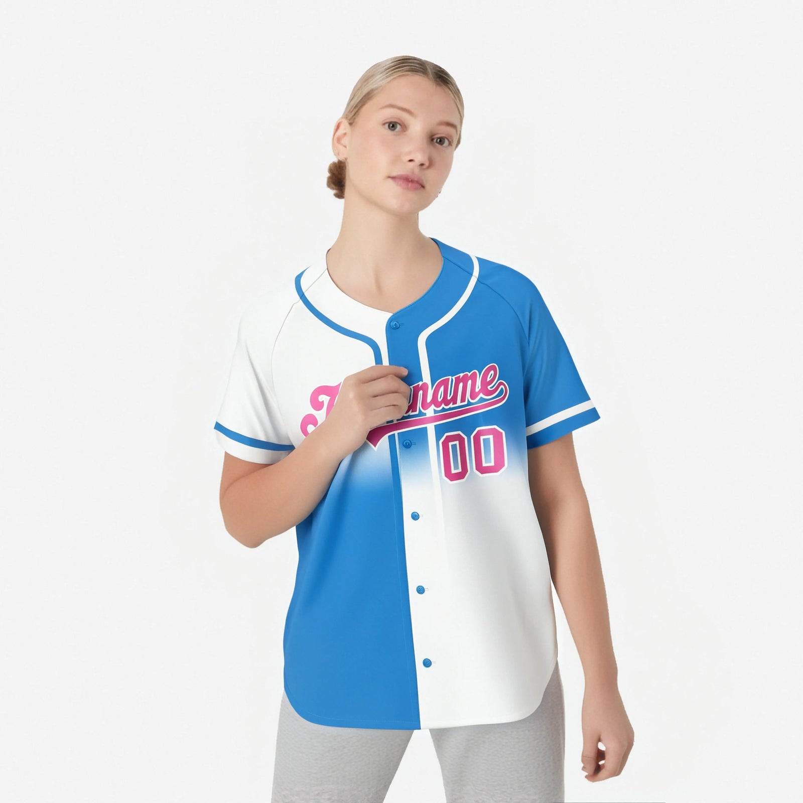 Custom Blue-White Pink Authentic Split Fashion Baseball Jersey
