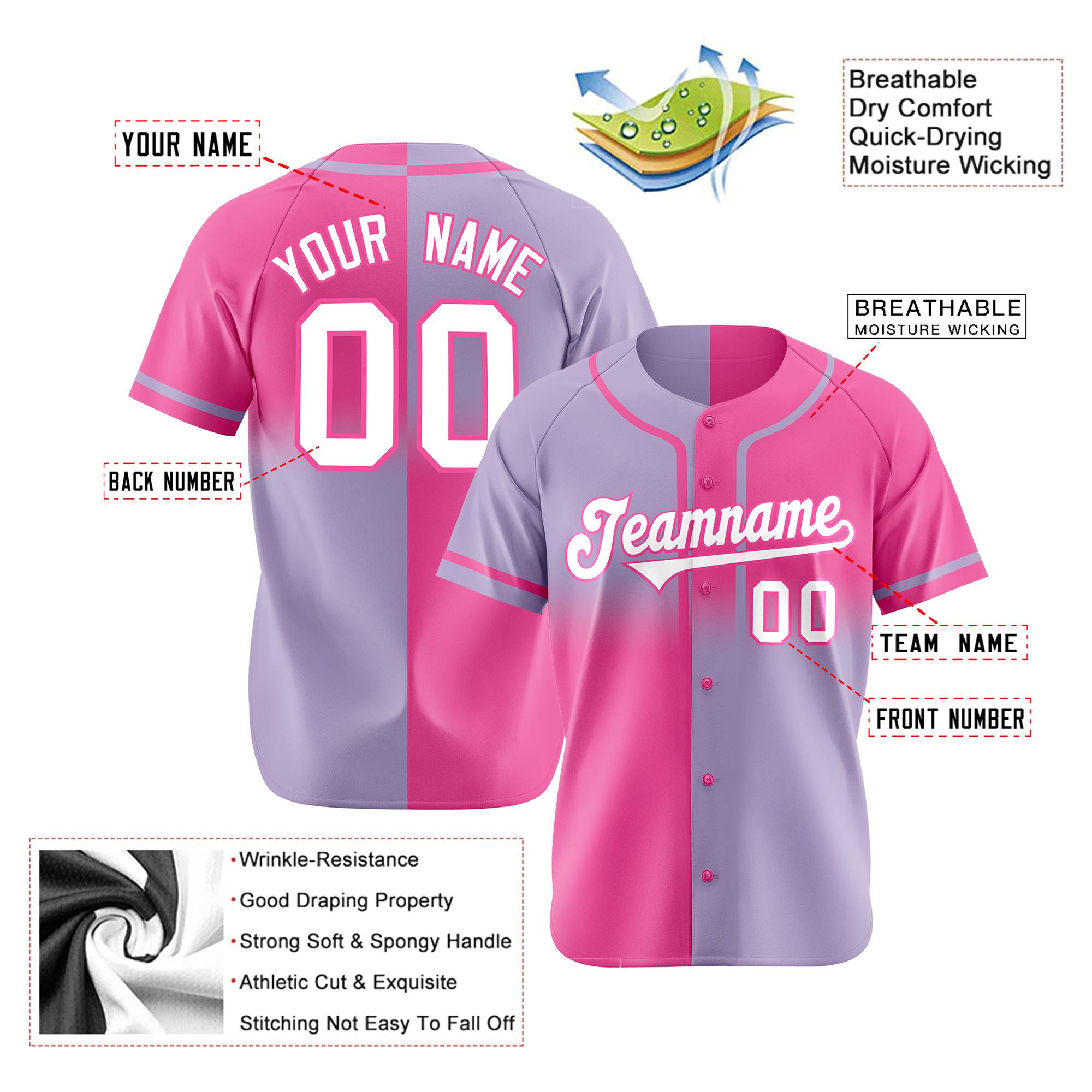 Custom Pink-Light Purple-White Authentic Split Fashion Baseball Jersey