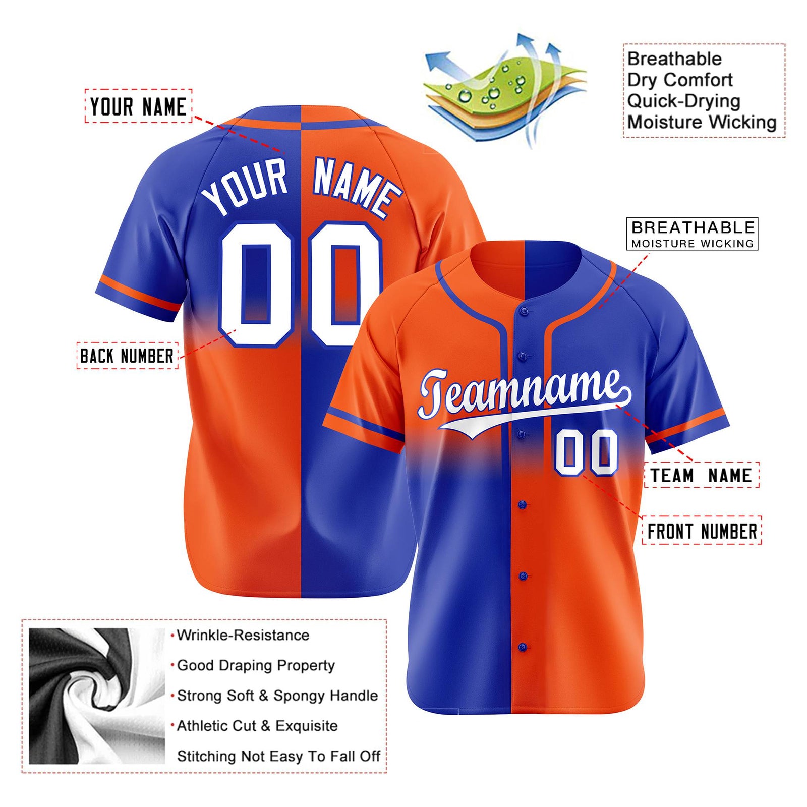 Custom Orange-Blue White Authentic Split Fashion Baseball Jersey
