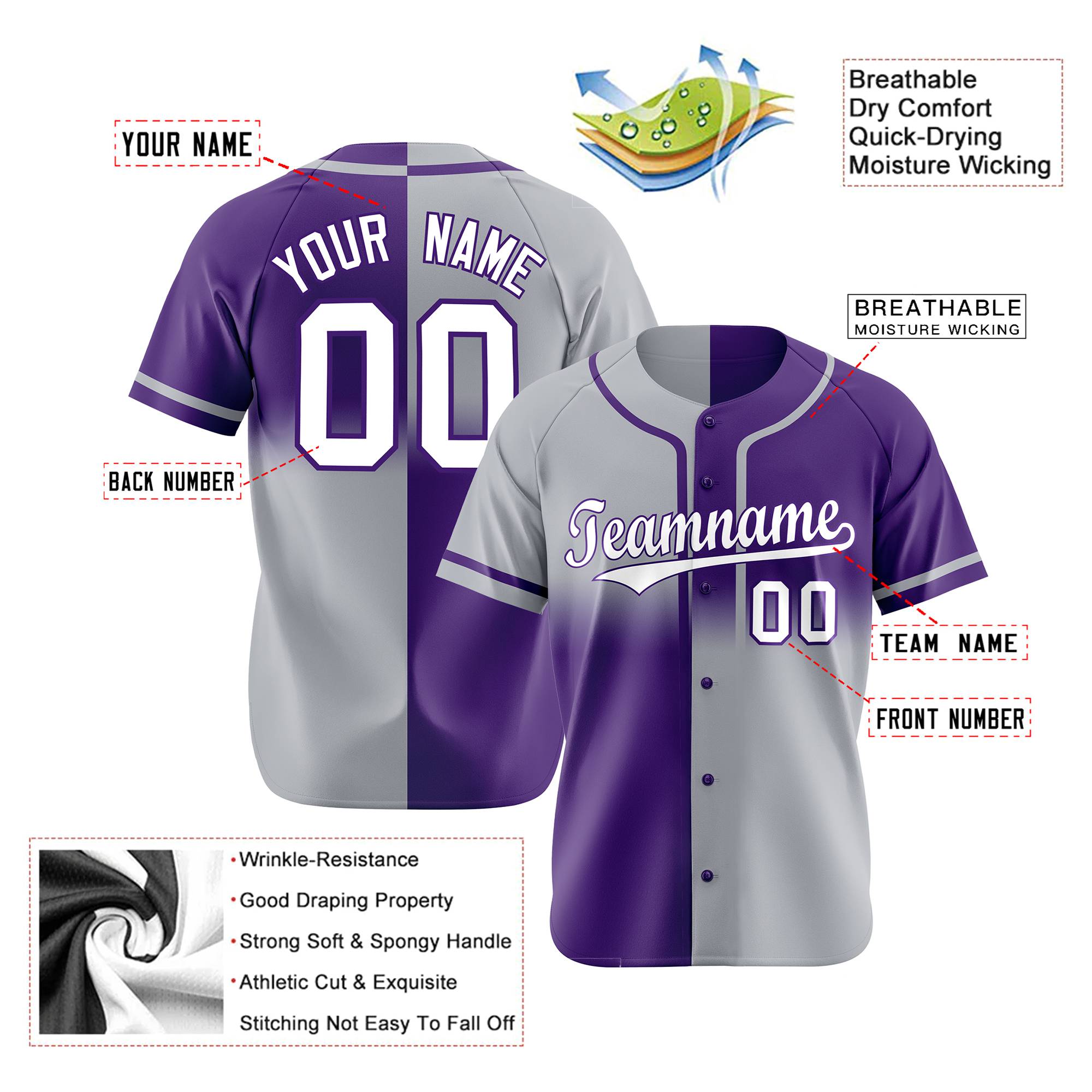 Custom Gray-Purple White Authentic Split Fashion Baseball Jersey