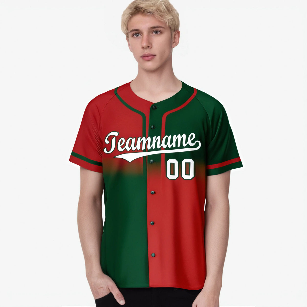 Custom Red Green White Authentic Split Fashion Baseball Jersey
