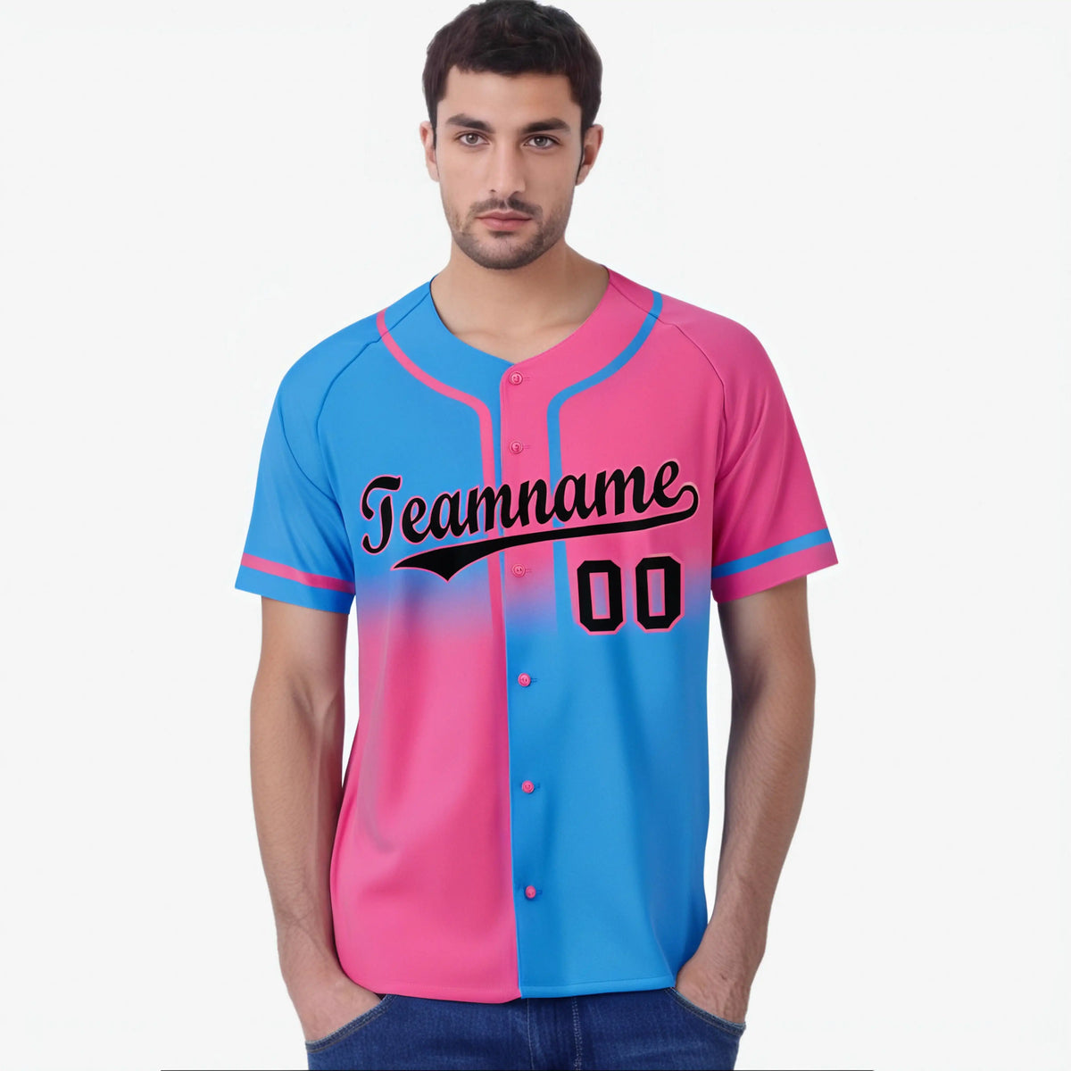 Custom Pink-Blue Black Authentic Split Fashion Baseball Jersey