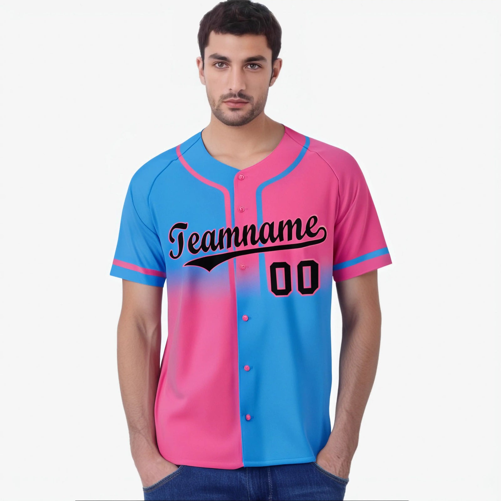 Custom Pink-Blue Black Authentic Split Fashion Baseball Jersey
