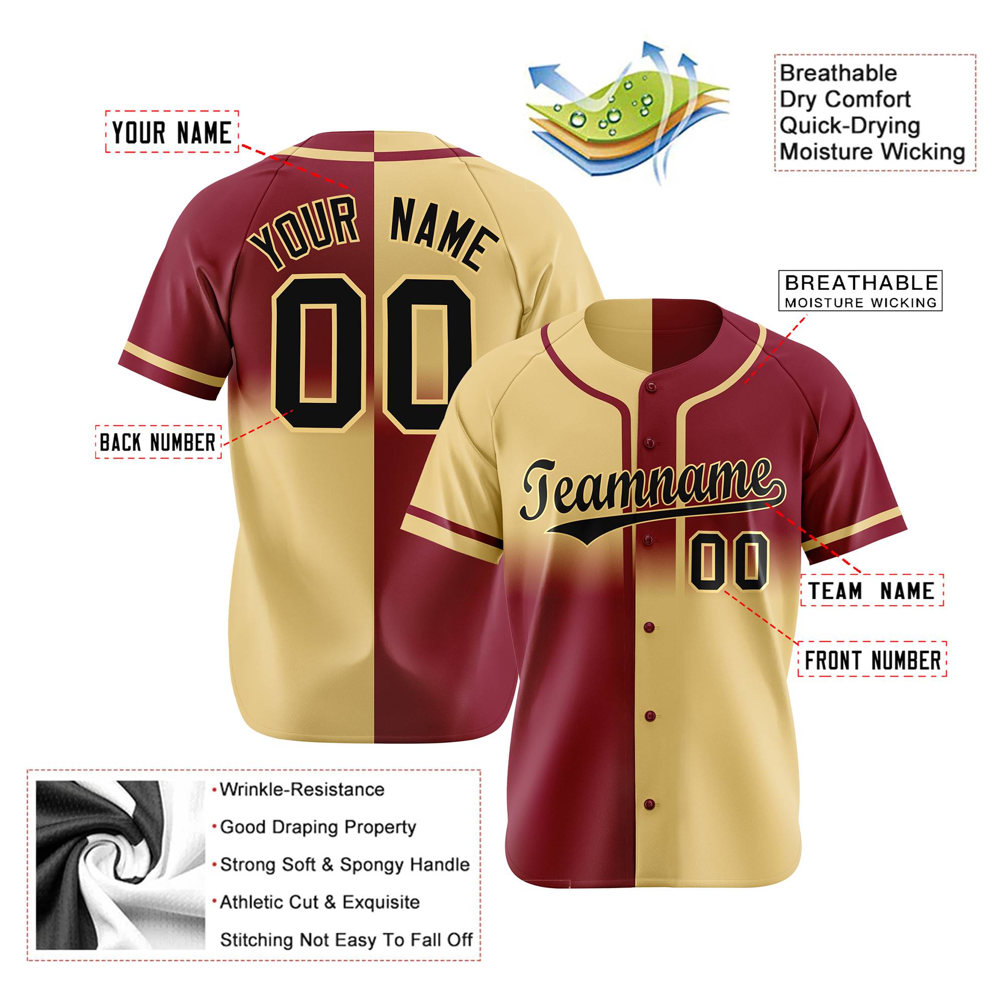 Custom Crimson Khaki Black Authentic Split Fashion Baseball Jersey