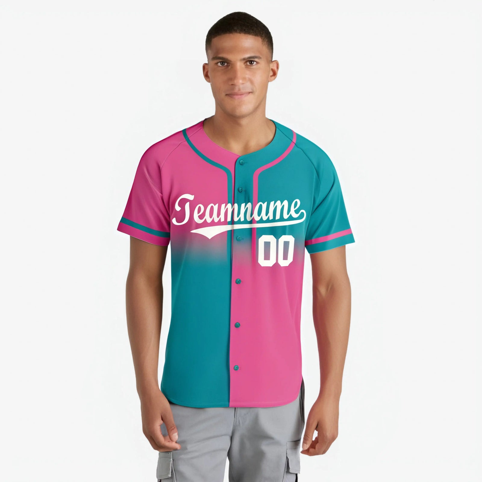 Custom Pink-Aqua Authentic Split Fashion Baseball Jersey