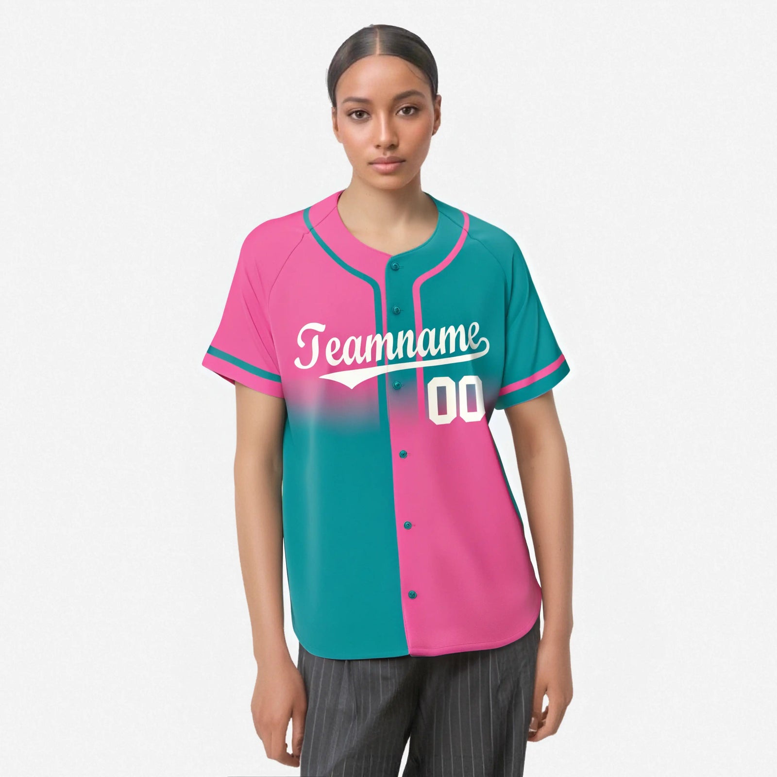Custom Pink-Aqua Authentic Split Fashion Baseball Jersey