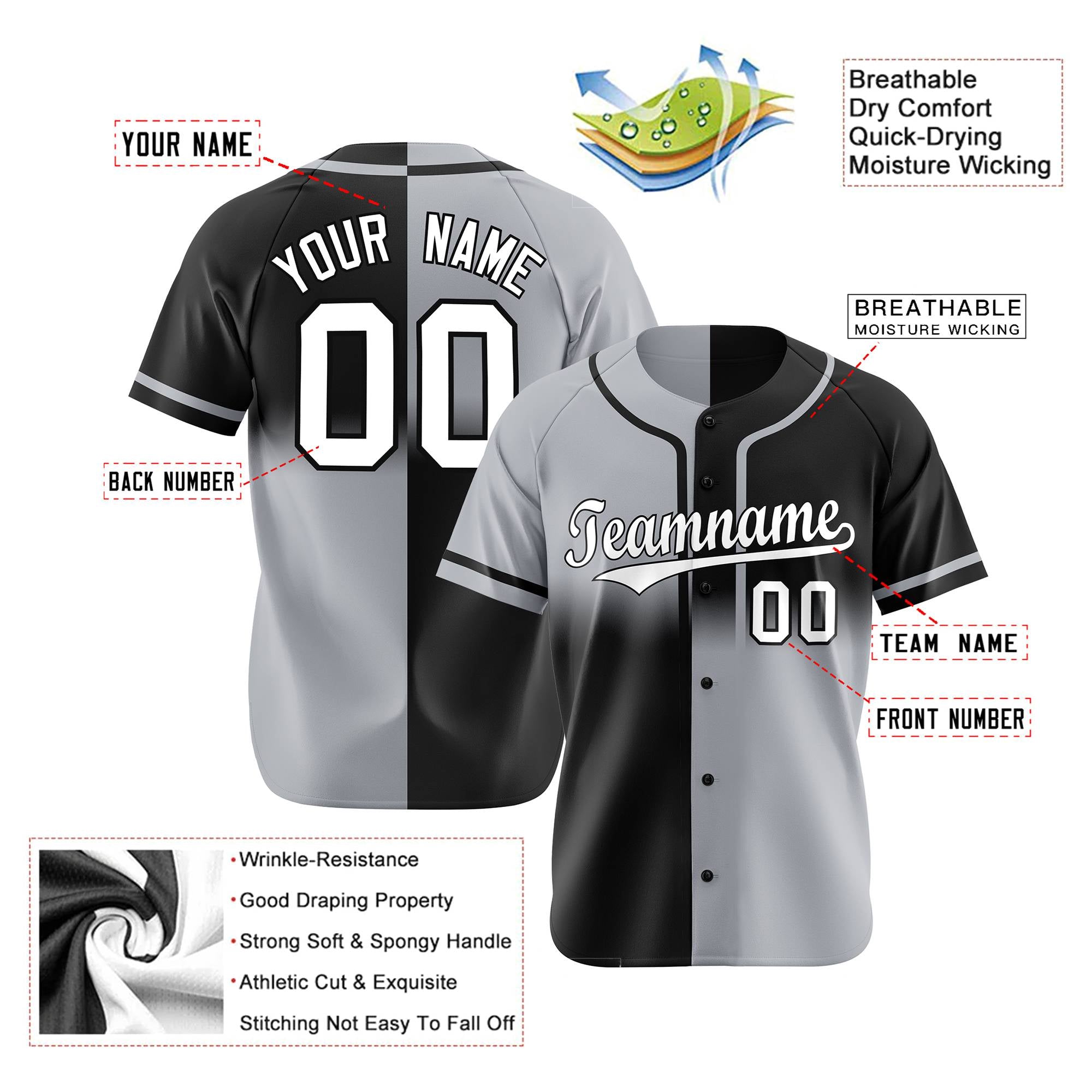 Custom Gray-Black White Authentic Split Fashion Baseball Jersey