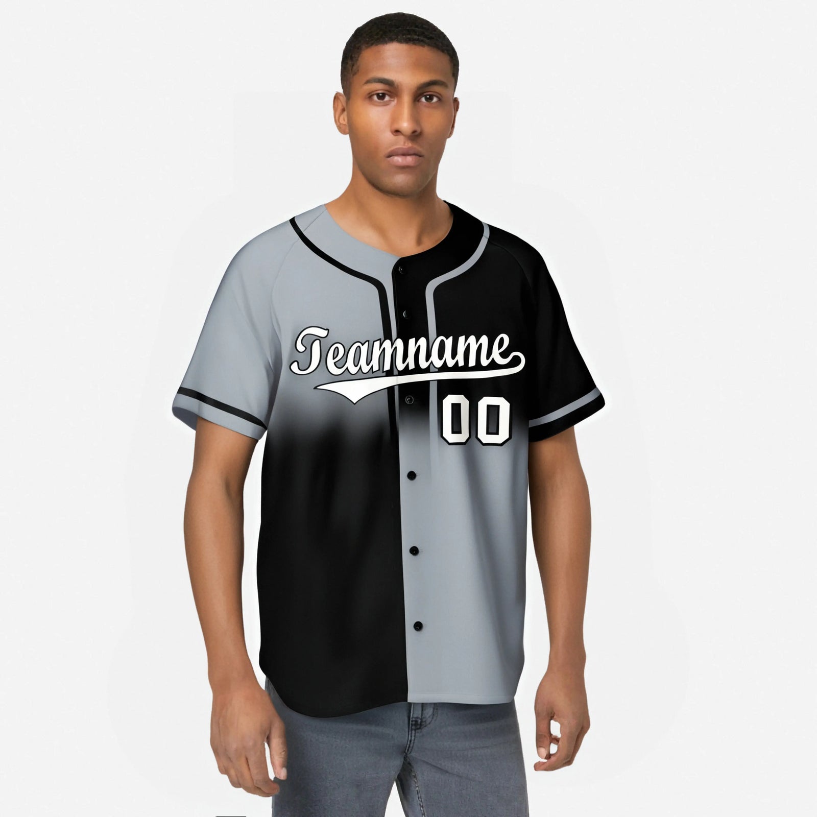 Camiseta de béisbol personalizada, auténtica, de moda dividida, en gris, negro y blanco