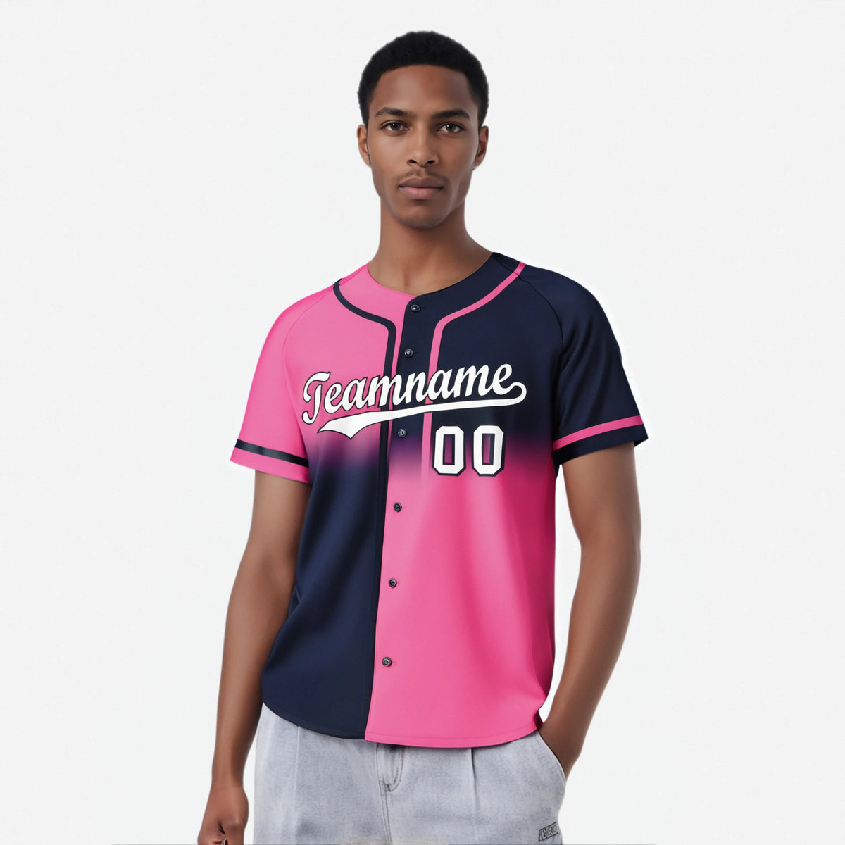 Custom Pink-Navy White Authentic Split Fashion Baseball Jersey