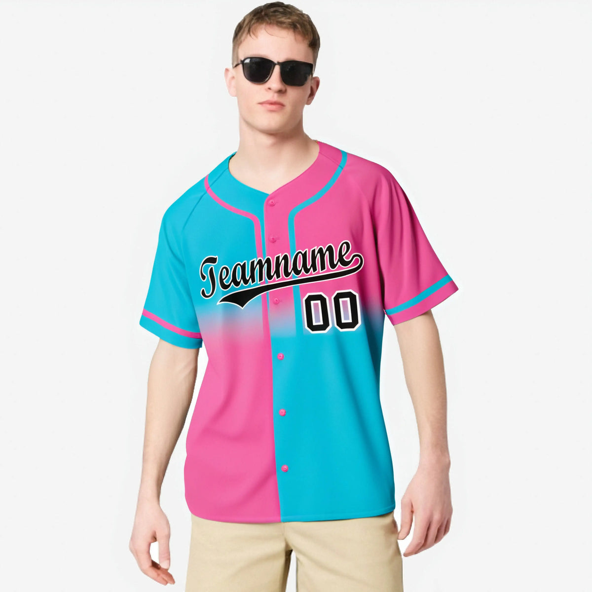 Custom Pink-Blue Black Authentic Split Fashion Baseball Jersey