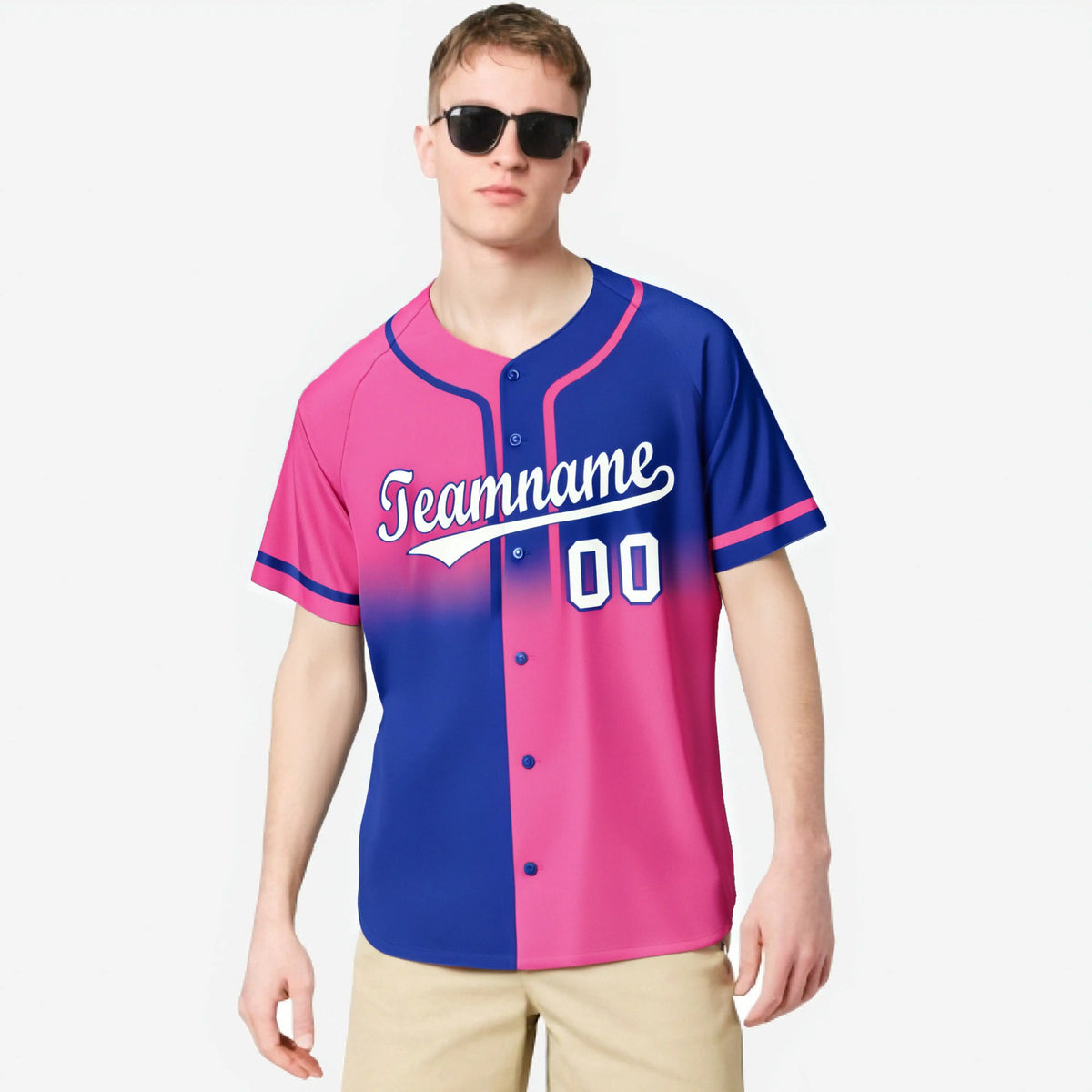 Custom Pink-Royal Blue White Authentic Split Fashion Baseball Jersey