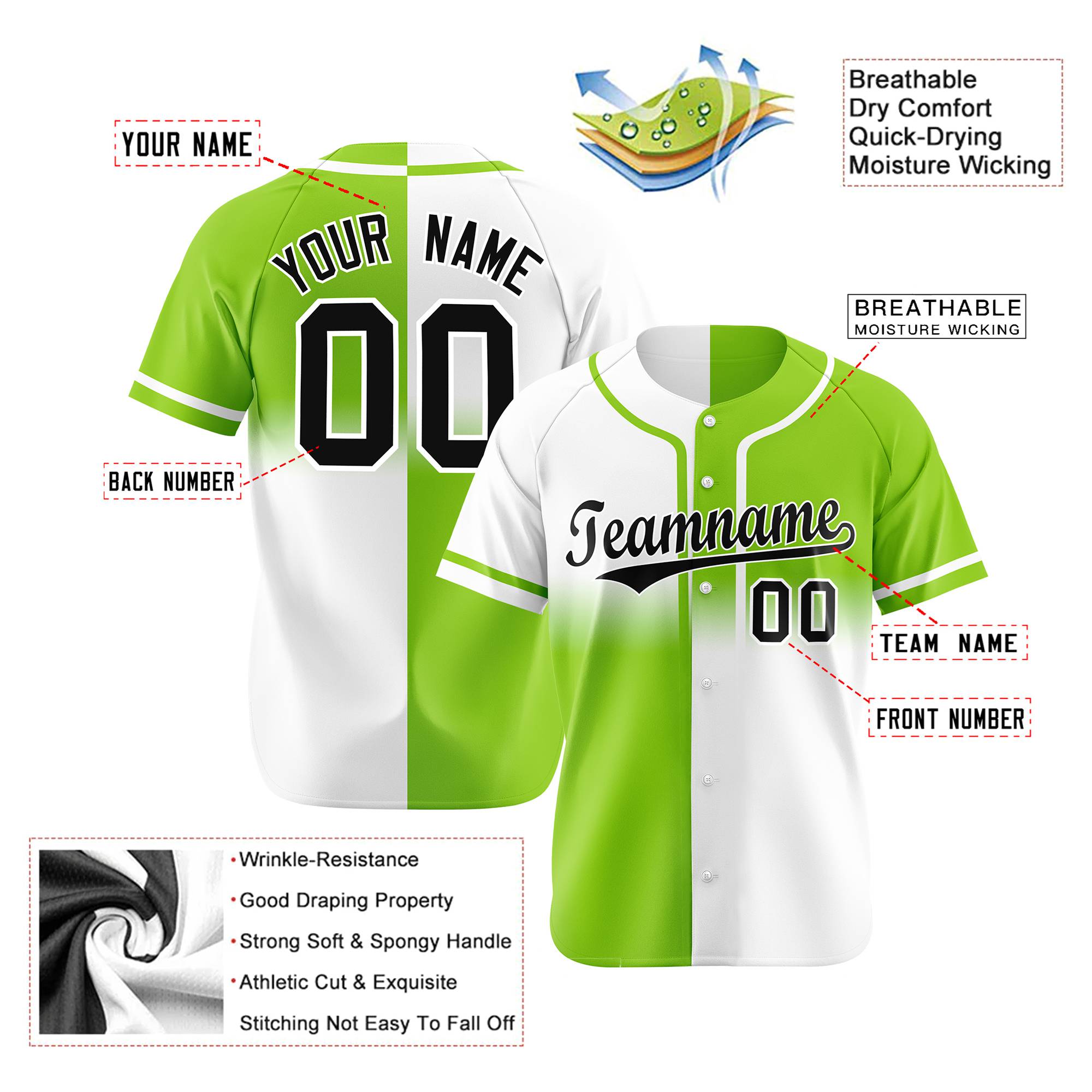 Custom Green-White Black Authentic Split Fashion Baseball Jersey